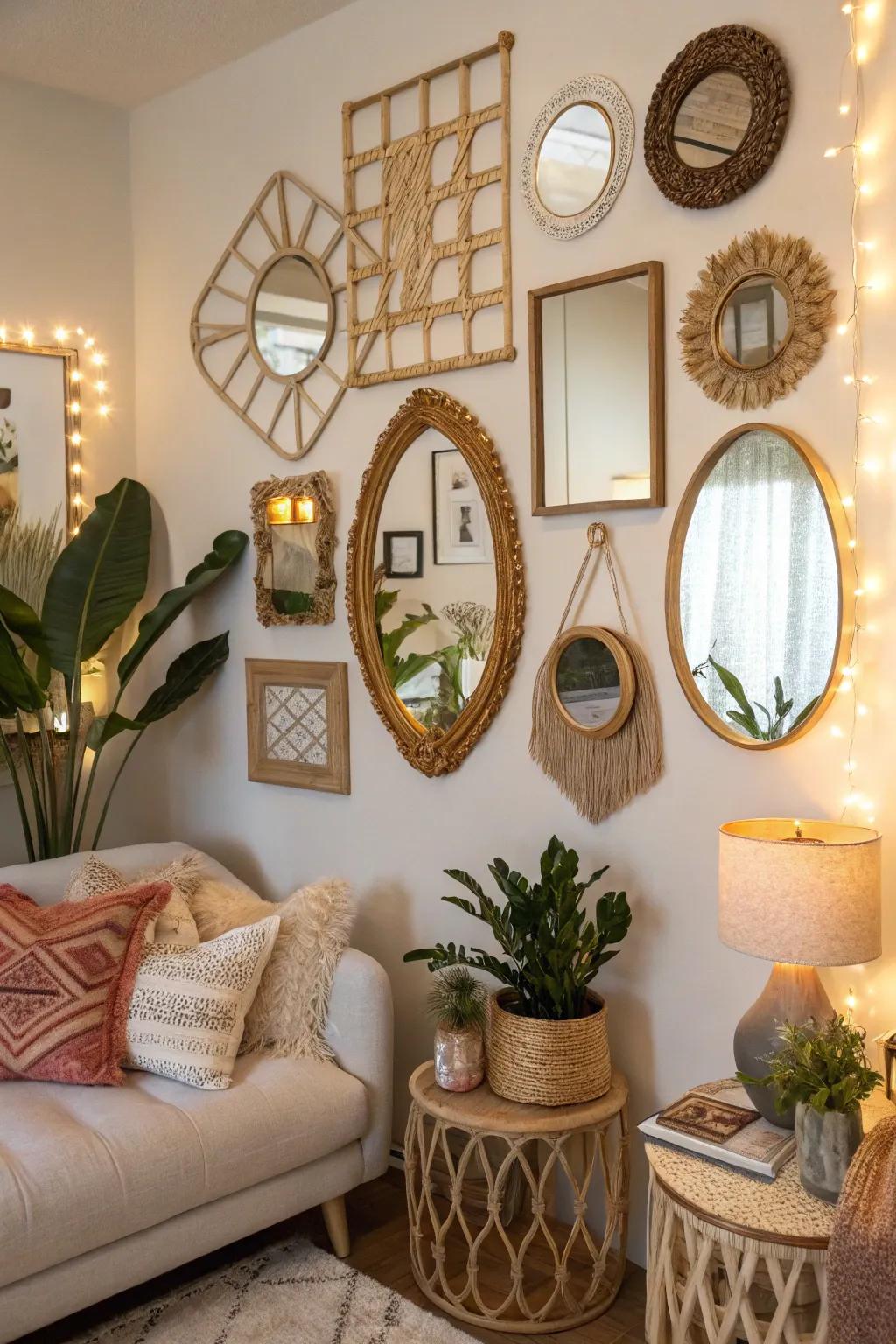 A collection of mirrors introduces dimension and glam to the decor.
