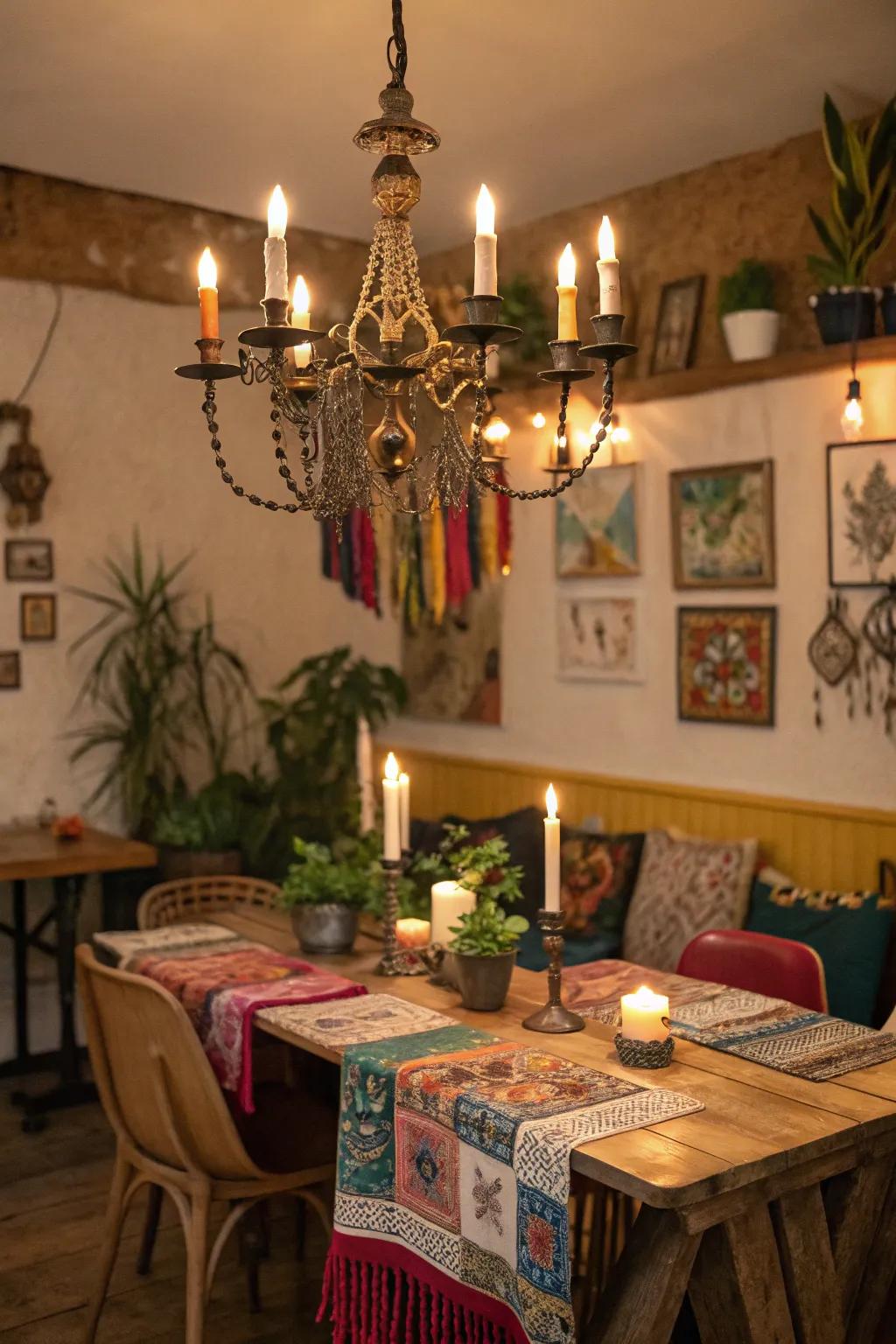 A candle-powered chandelier projecting a warm light in a bohemian dining area.