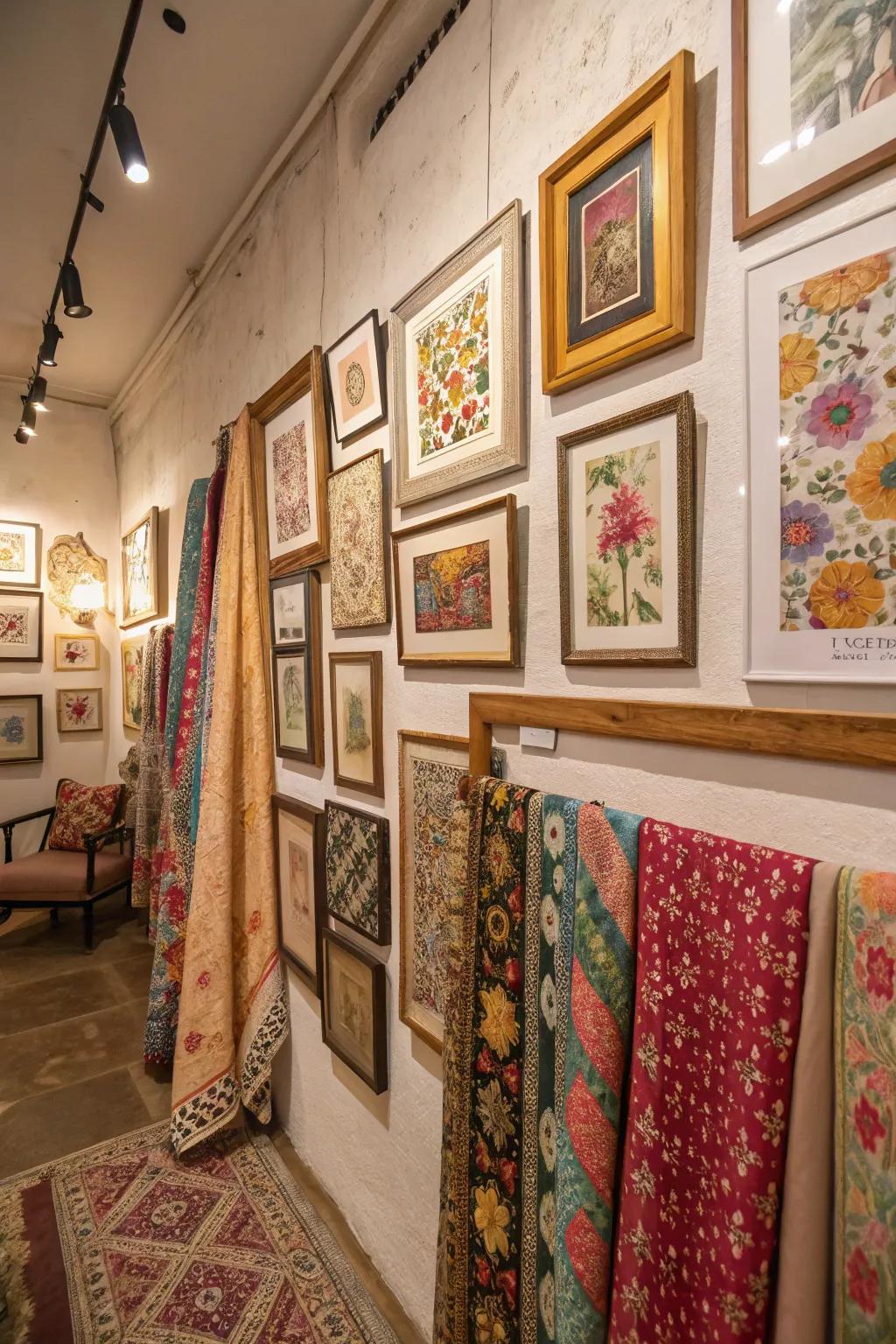 A boho wall featuring framed vintage fabrics that add charm and history.