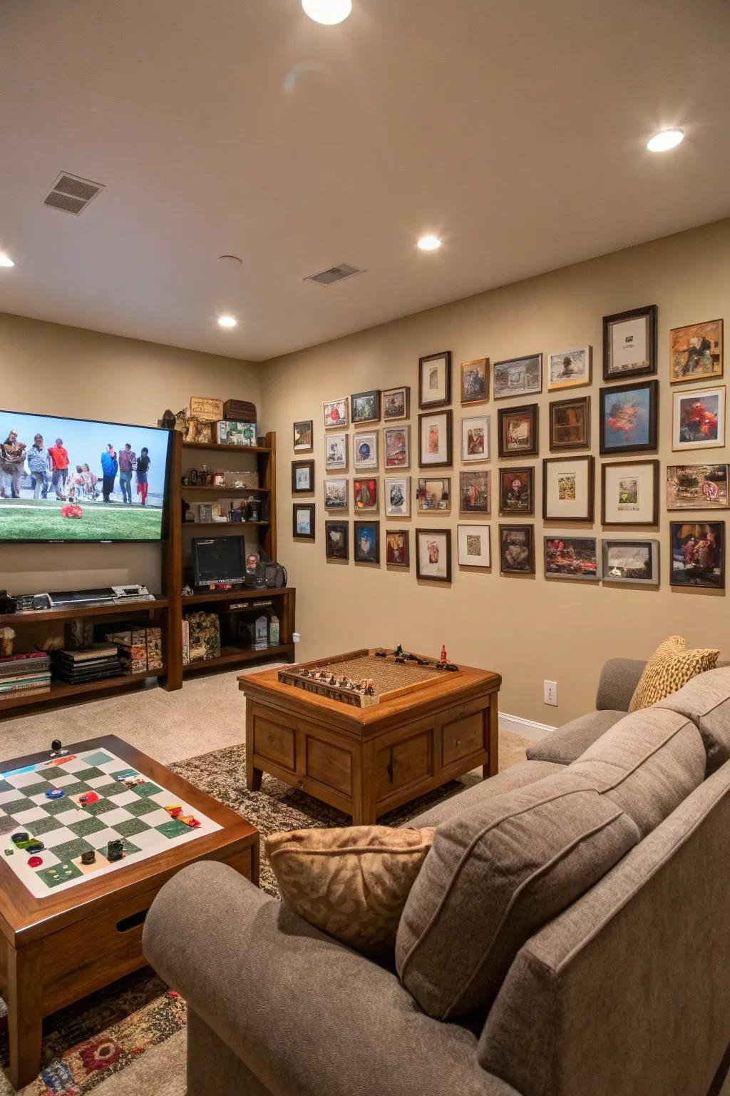 A personalized photo display adds a unique touch to your game room.