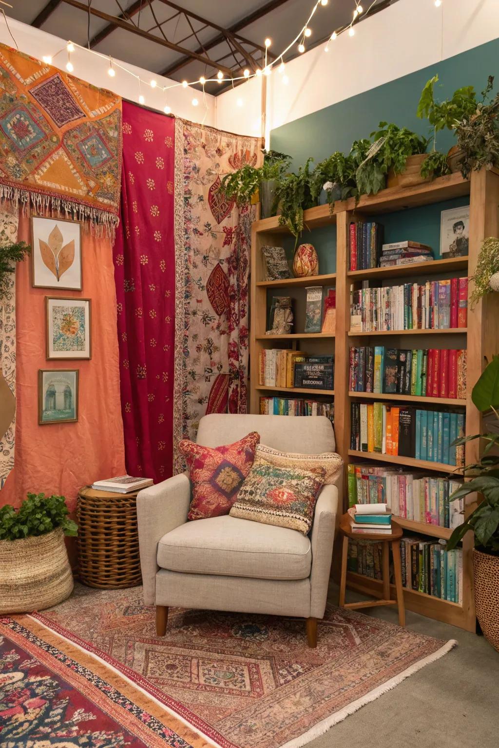 A bohemian nook that honors vibrant shades and varied style.