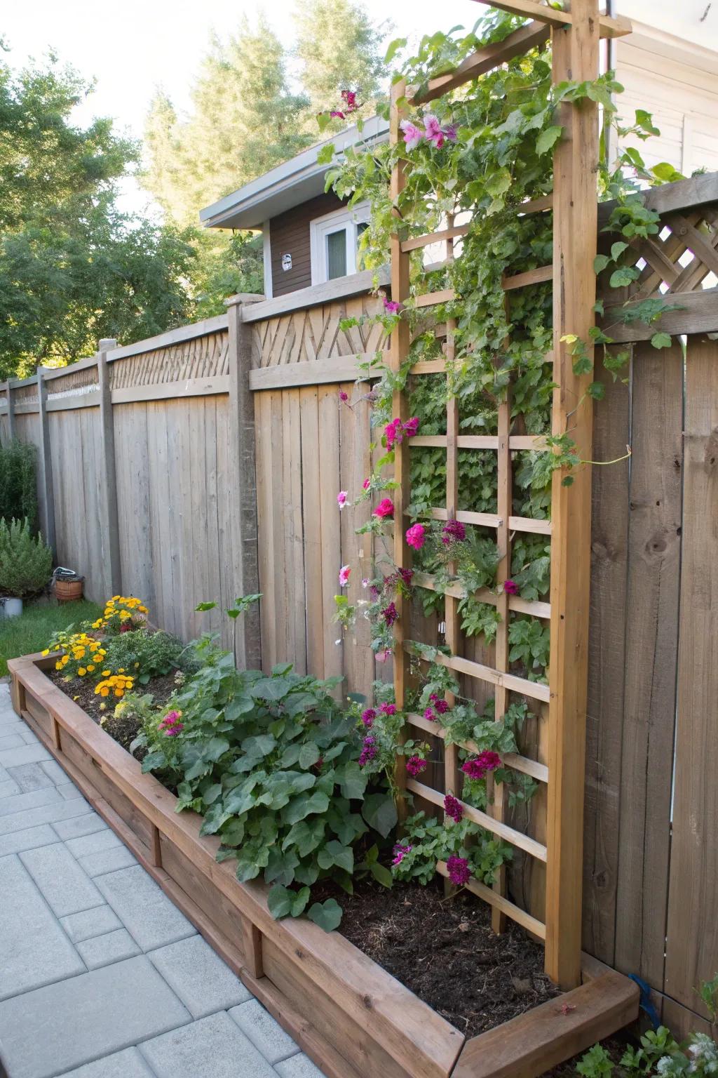 A bottom trellis beautifully supports vegetation.