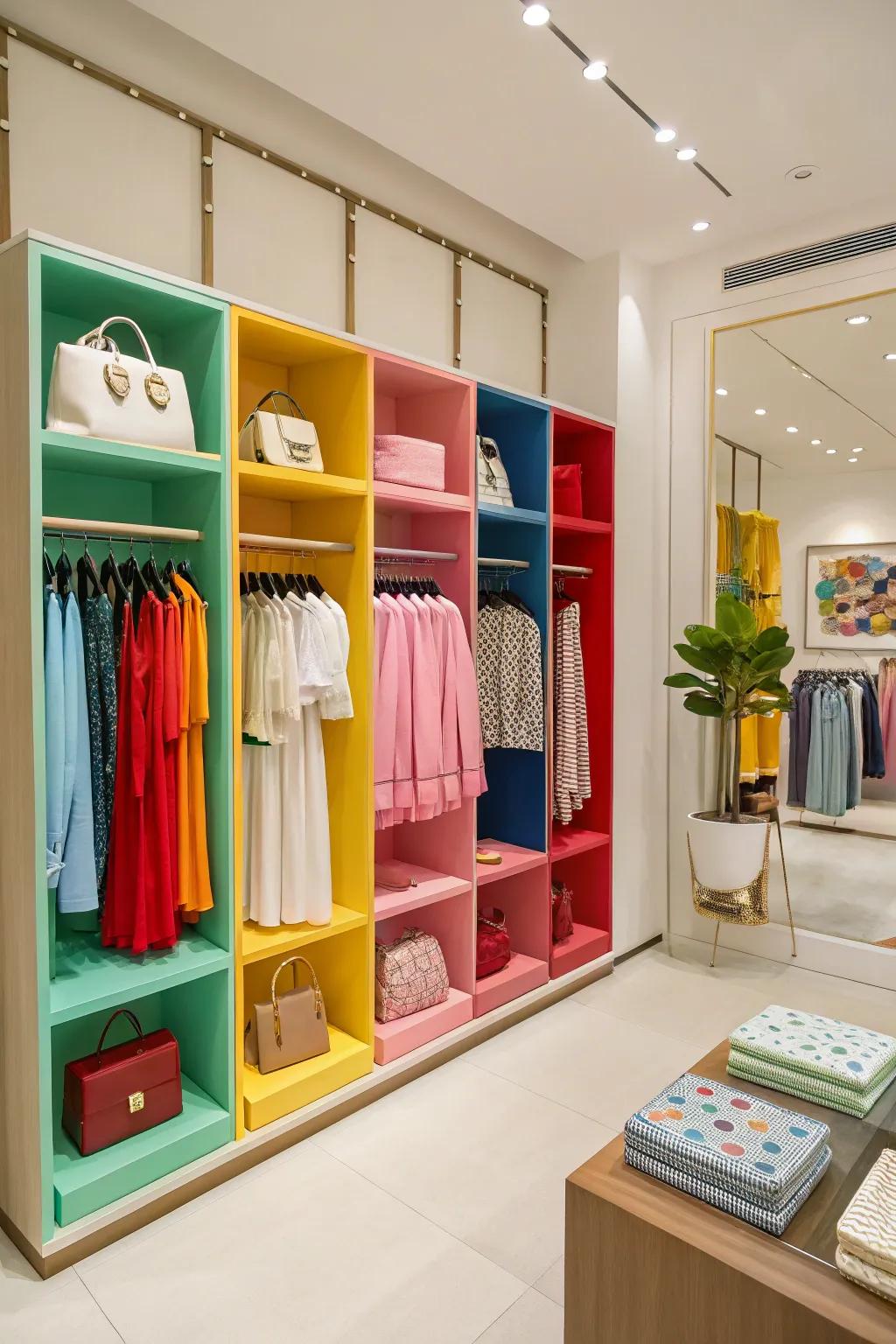 A boutique interior with color-grouped displays, creating an organized and visually appealing setup.