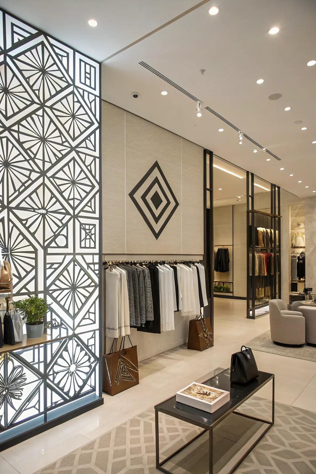 A geometric identifier that contributes a contemporary advantage to the boutique's facade.