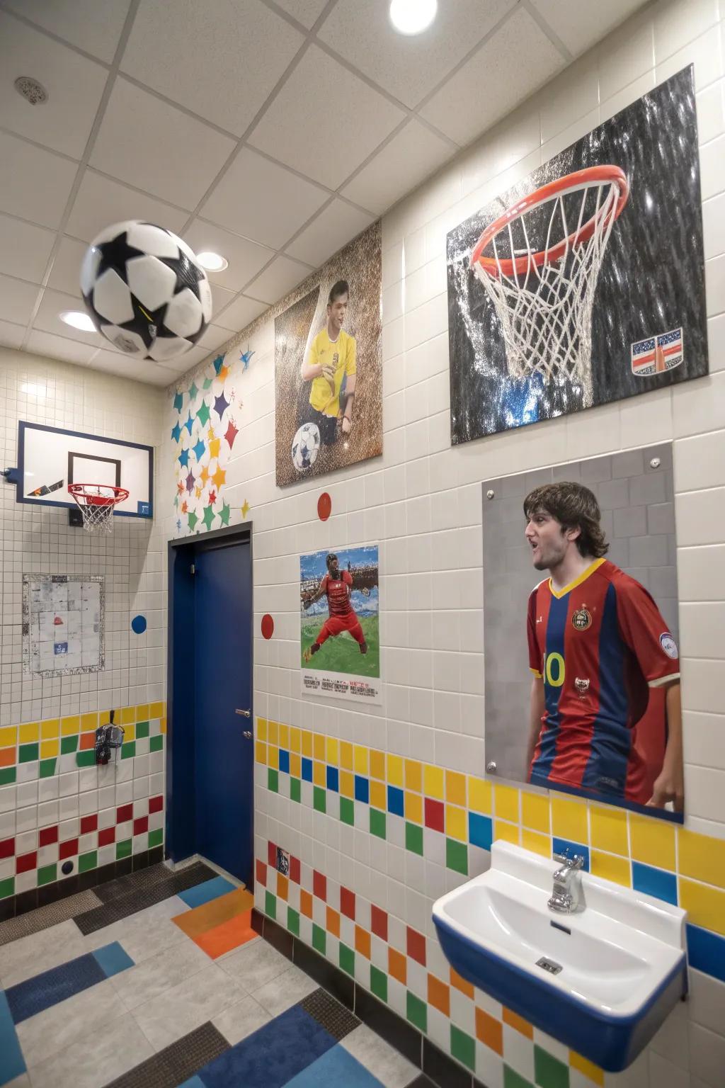 Sports-themed highlights personalize a boys' bathroom.