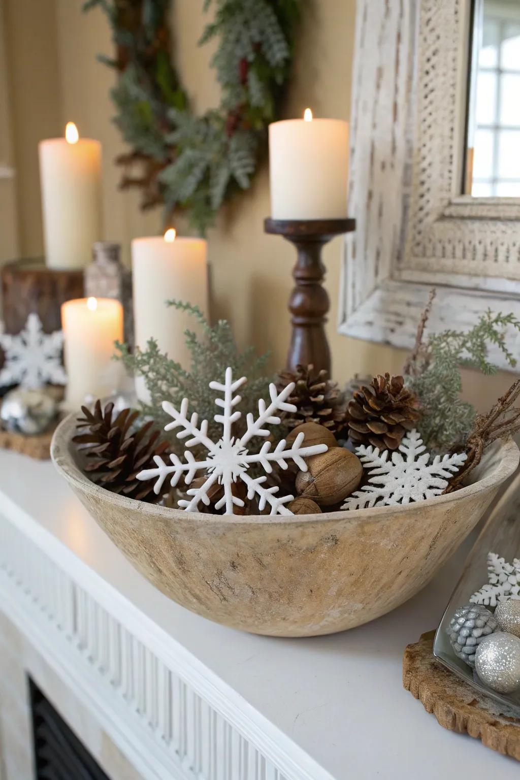 A snug winter scene with snowflakes and twigs