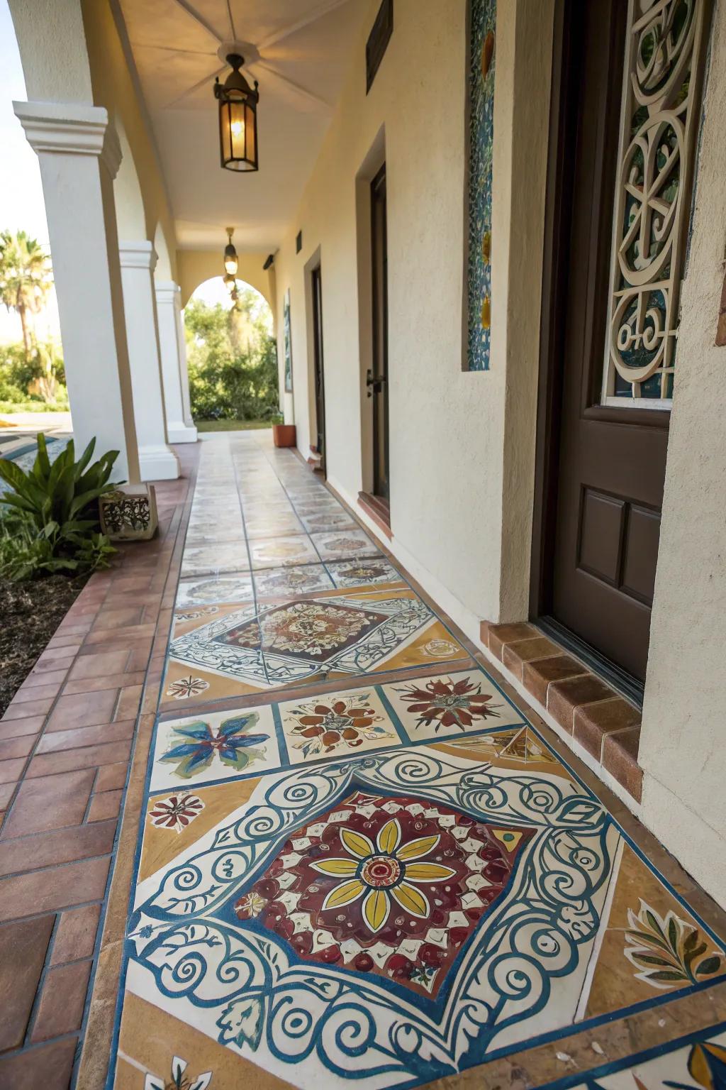 Artisan tiles contributing unique character to the breezeway.