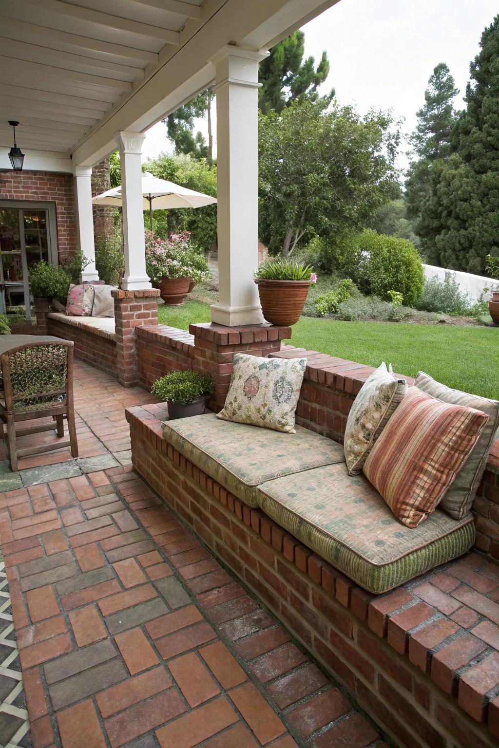 Integrated brick seating maximizes space and elevates outdoor relaxation.