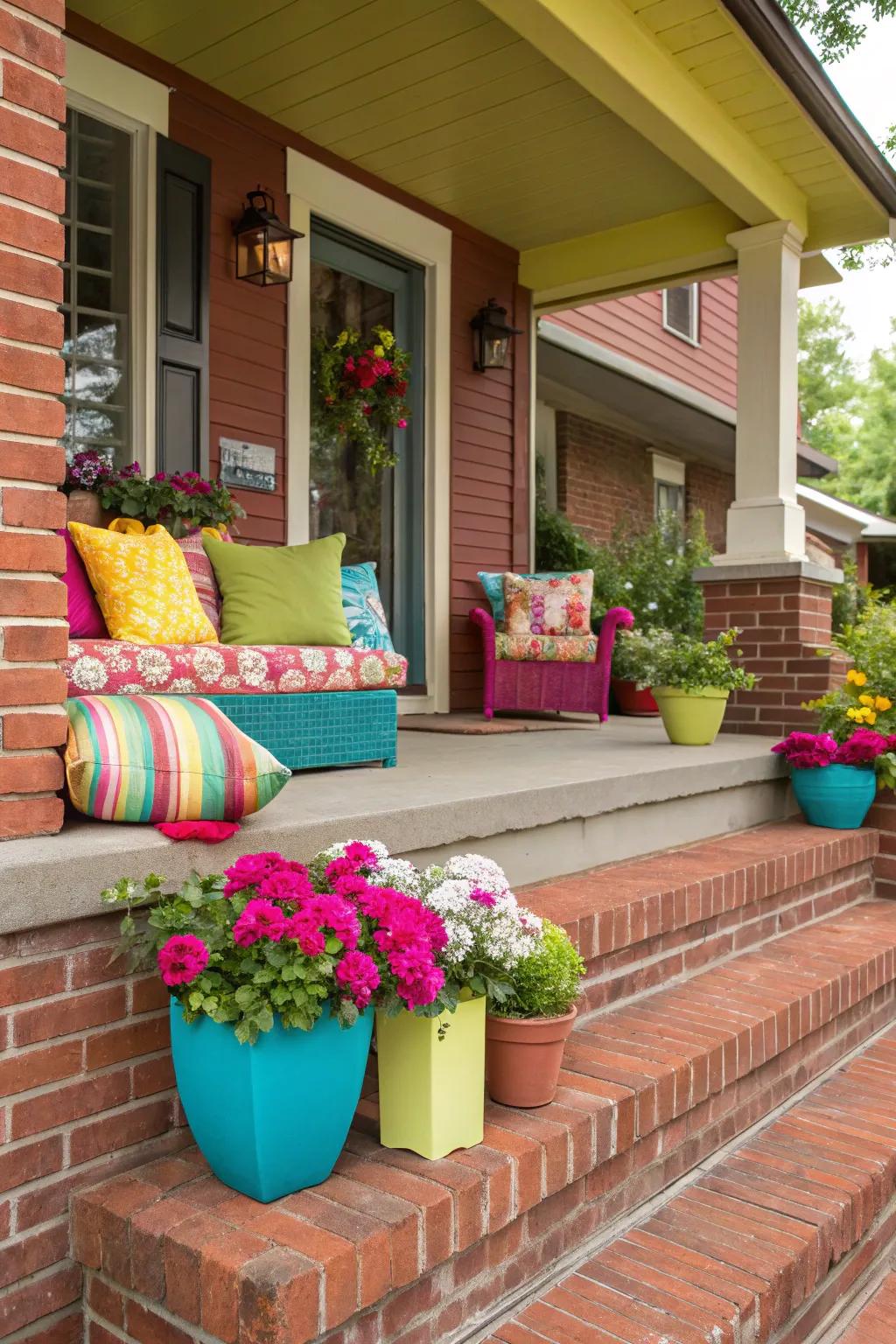 Bold color highlights bring vitality and energy to this welcoming porch.