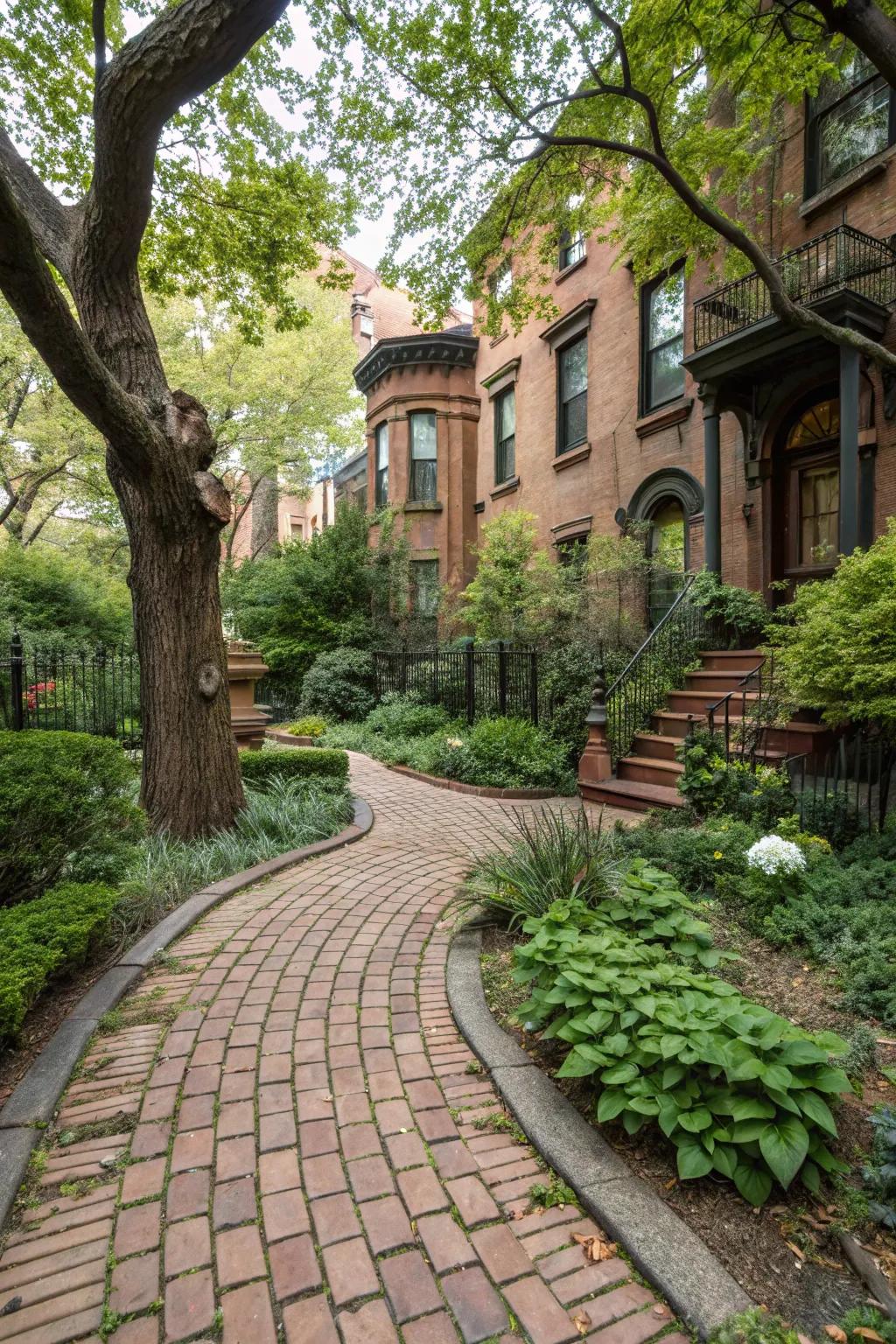 A brick pathway adds a classic touch to the townhouse backyard.