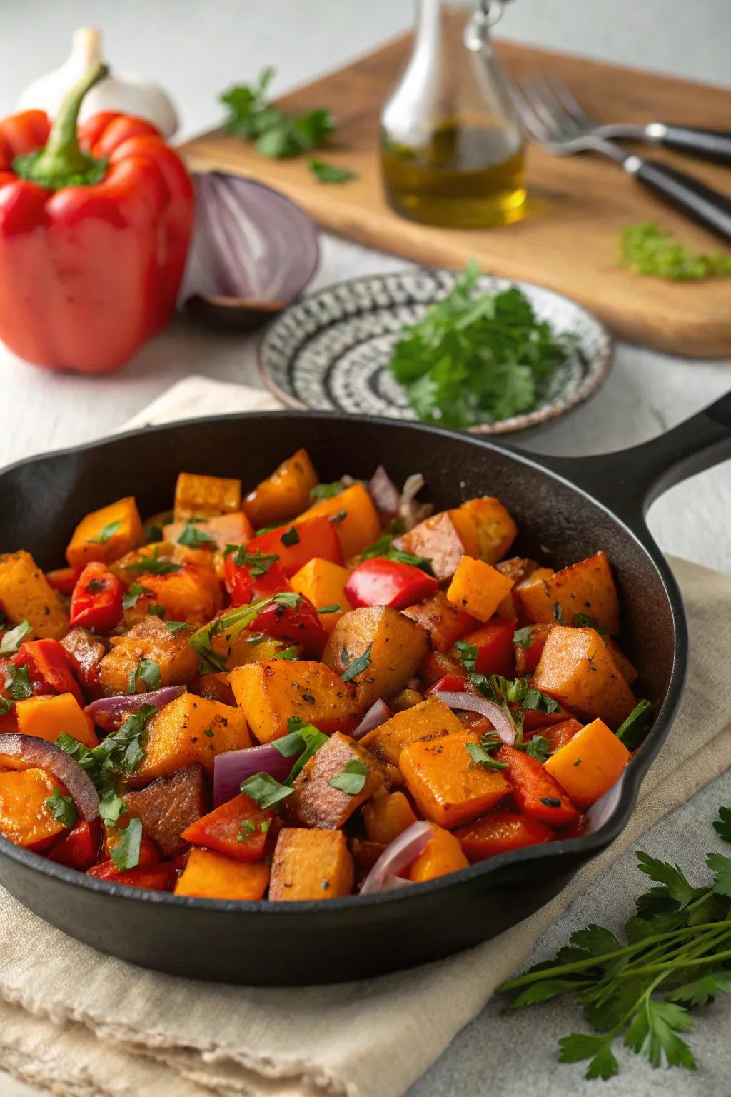 Root vegetable toss: a hearty and lively brunch dish.