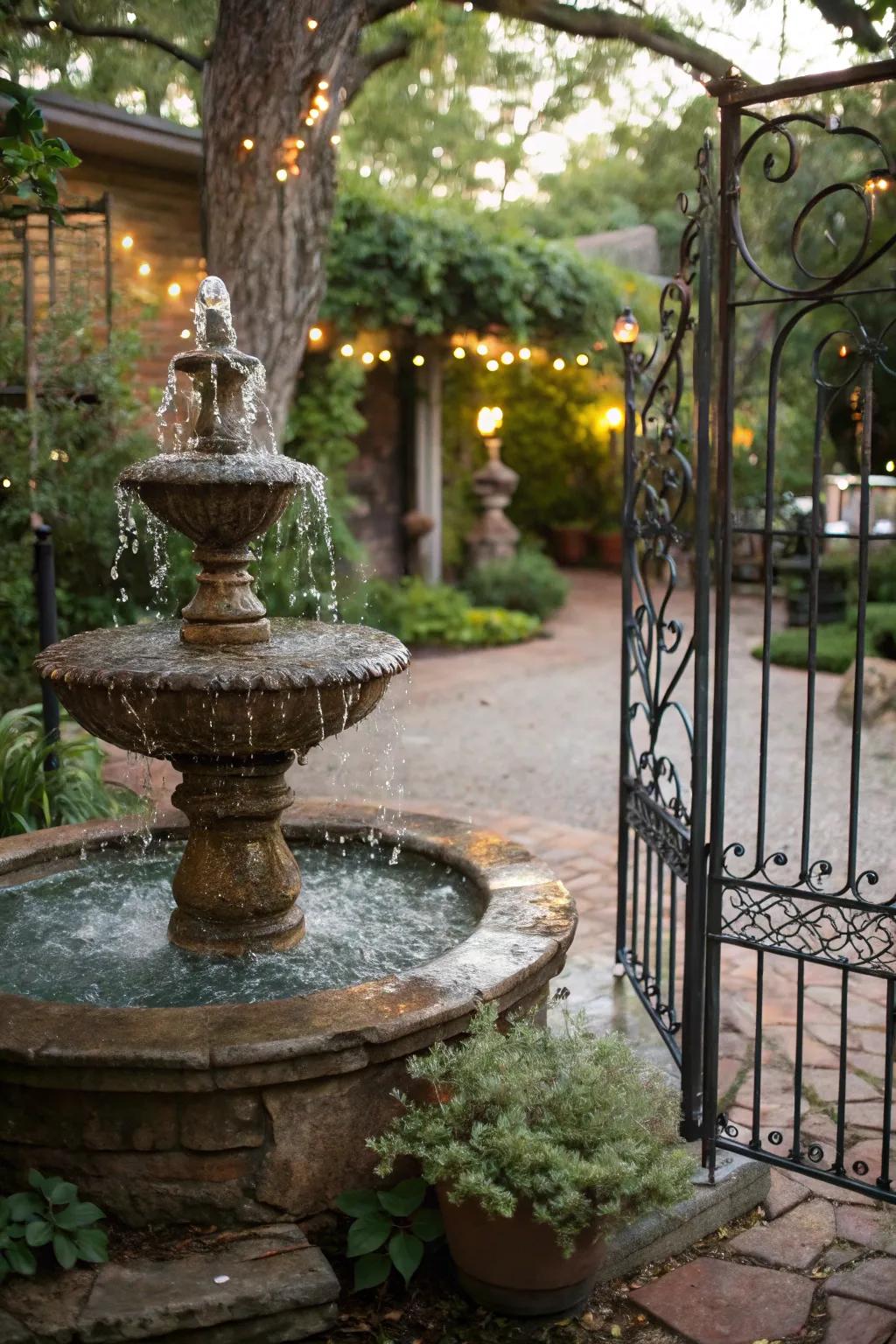 Vintage pieces contribute timeless allure to this garden fountain.