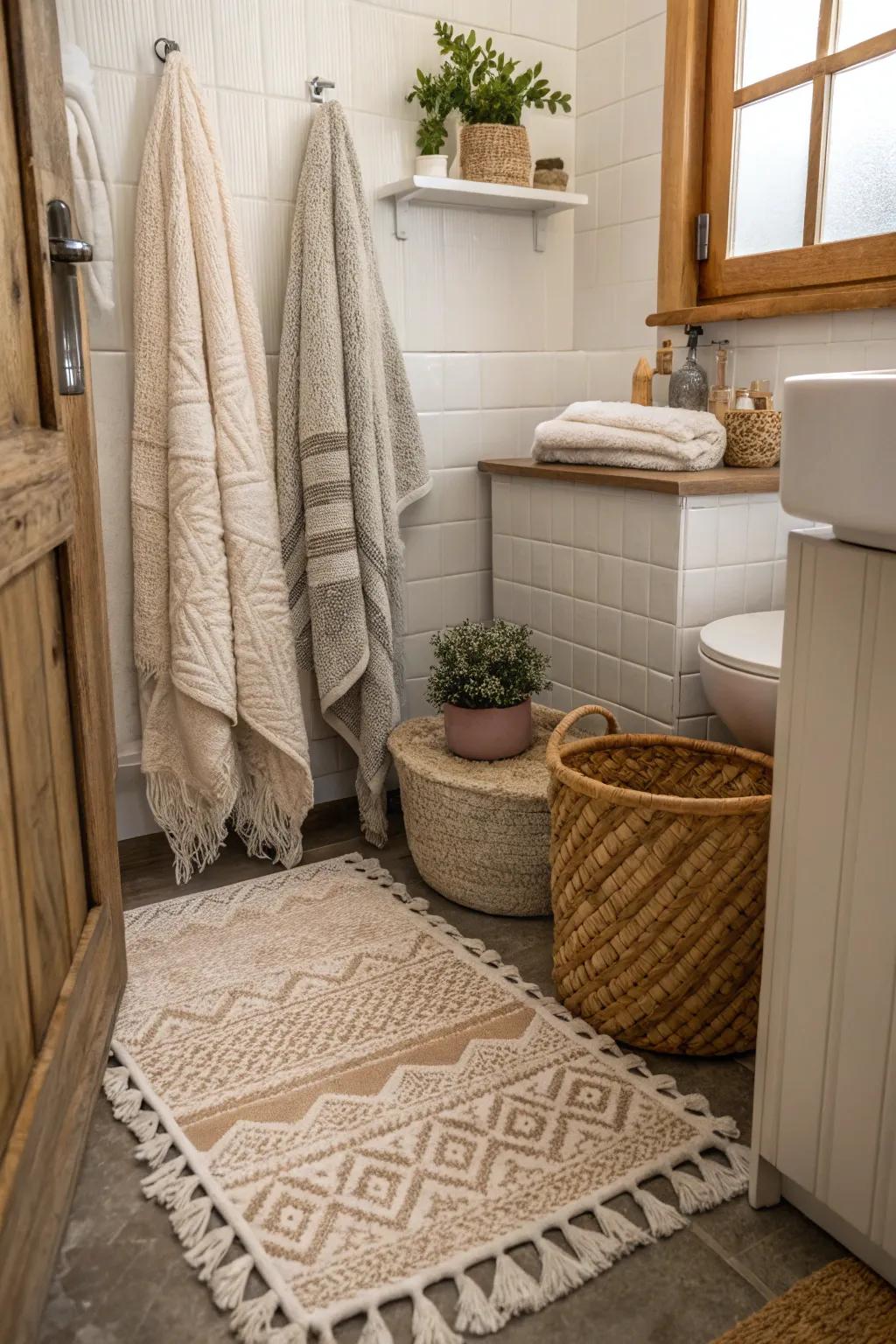 In this small bathroom, textured accents bring both style and warmth.
