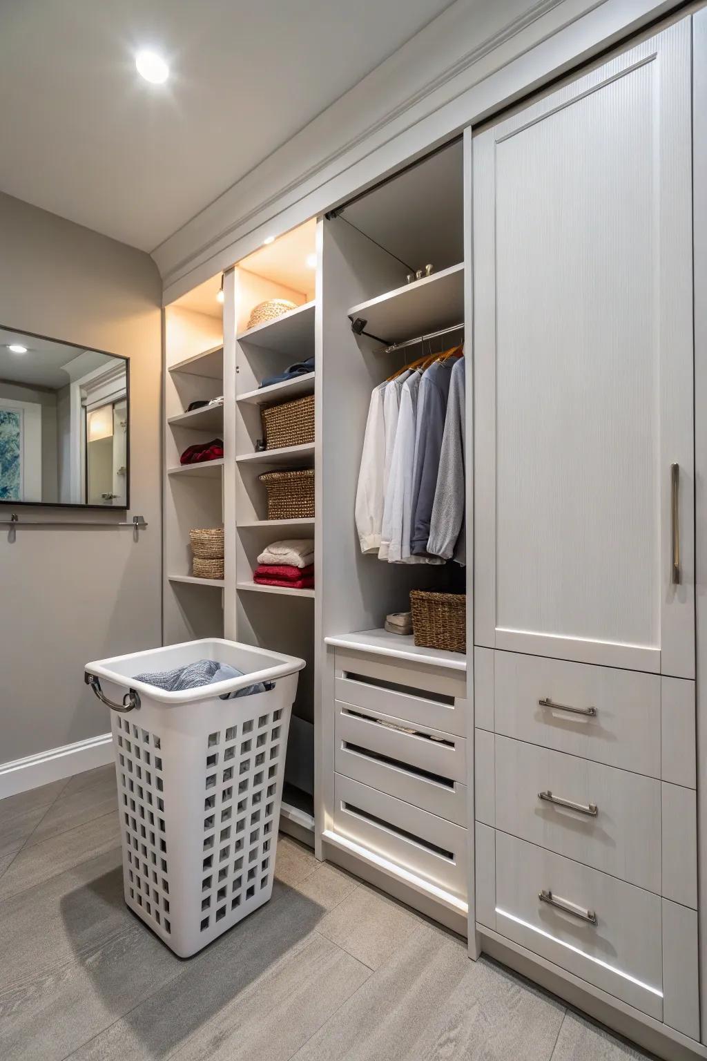 A built-in laundry hamper neatly keeps clutter at bay.