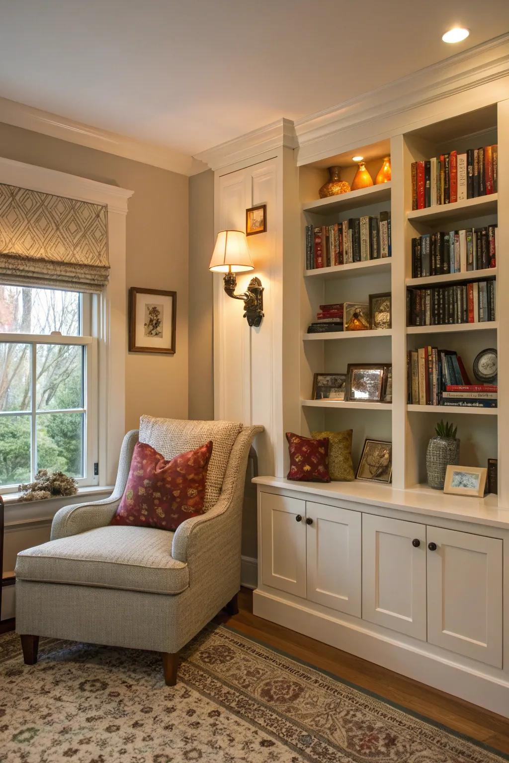 A reading alcove within built-in shelving furnishes a snug sanctuary.