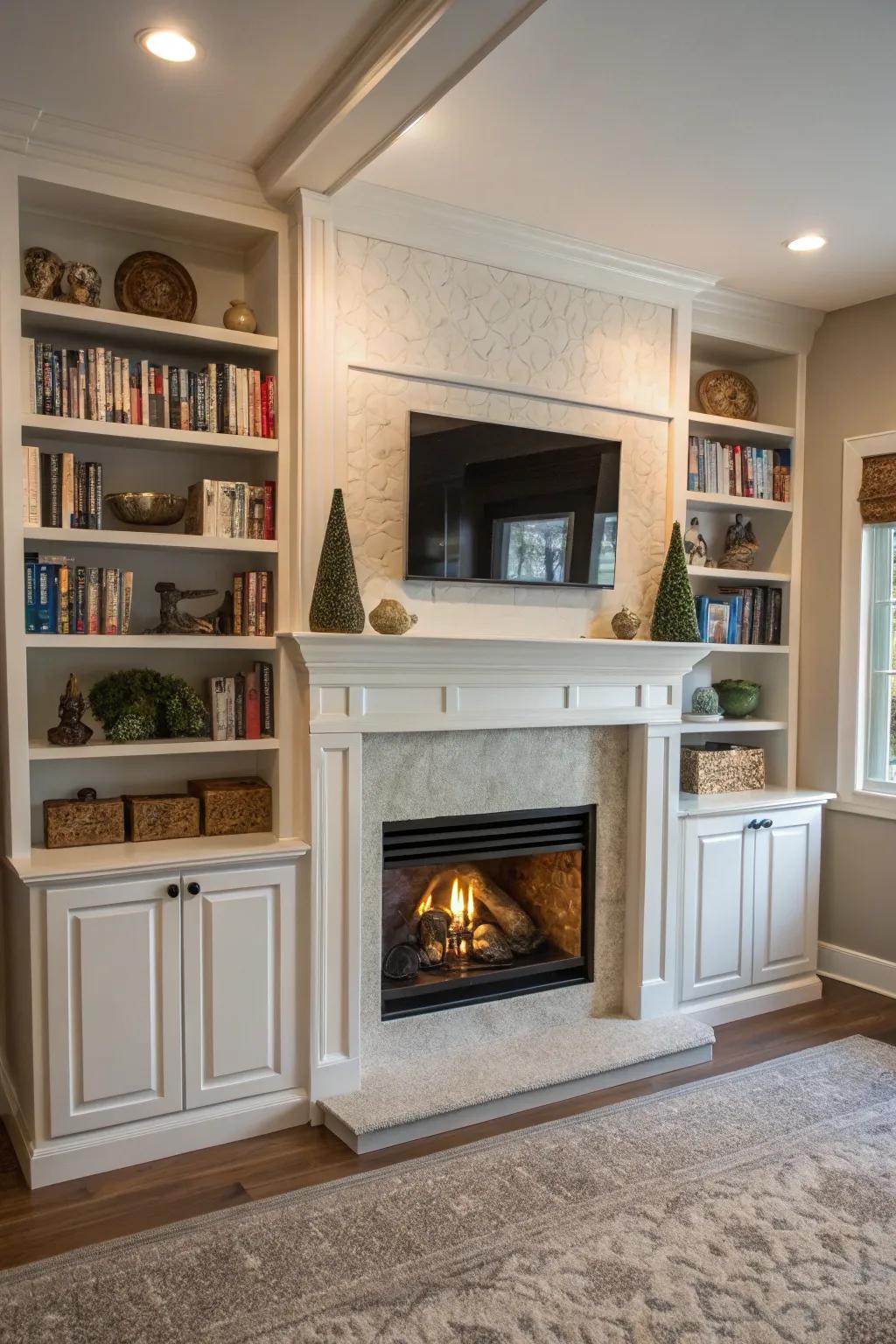 Undisclosed storage preserves sophistication and practicality in the fireplace's design.