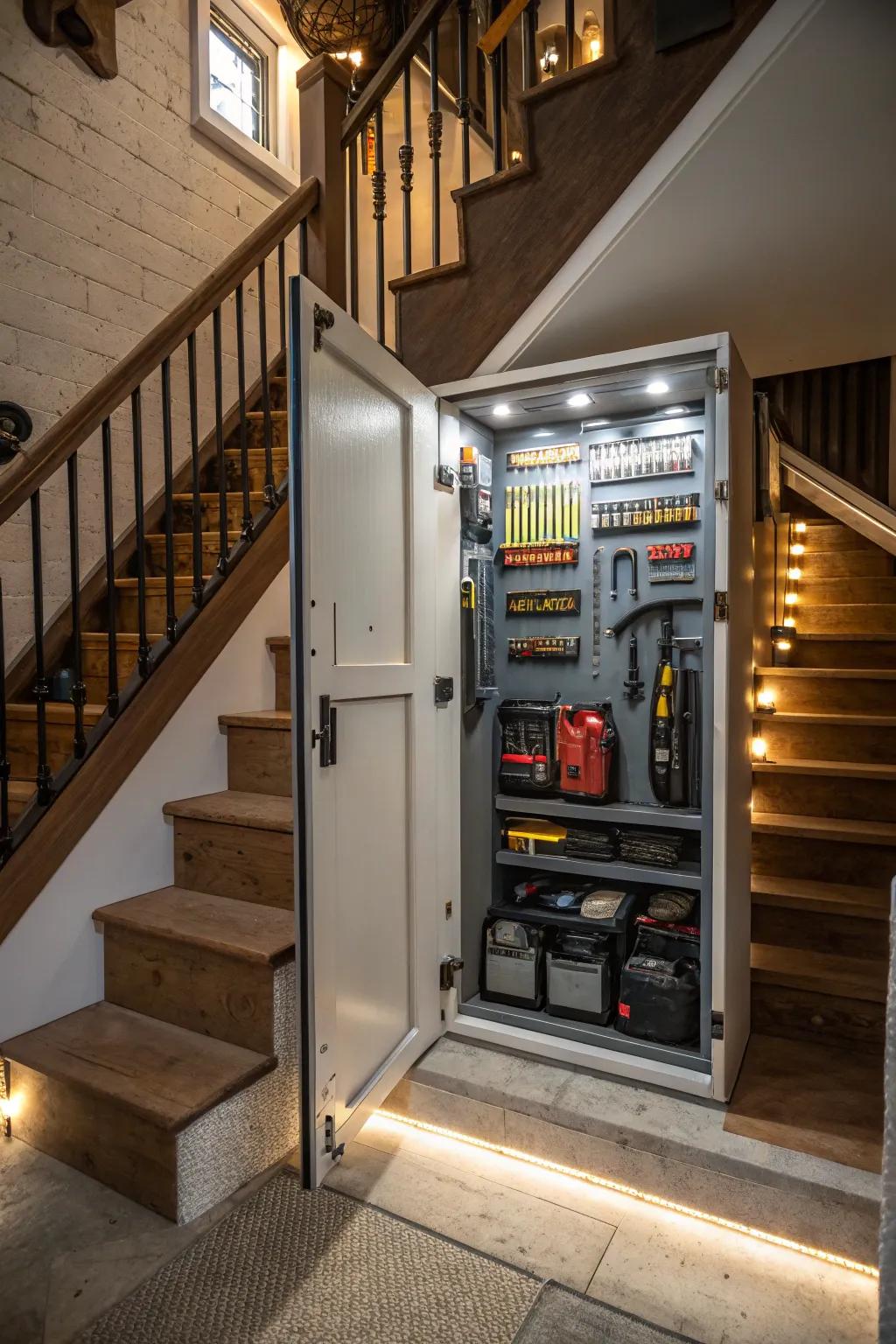 A secret storage solution inside a stair bulkhead.