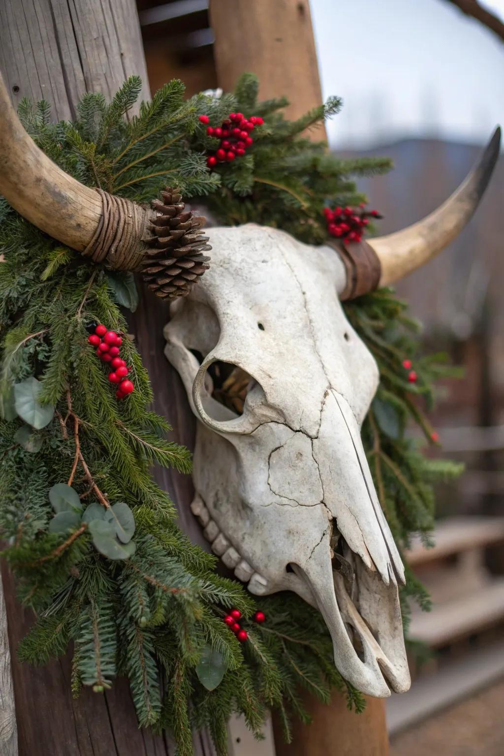 Seasonal transformation with a decorated bull skull.