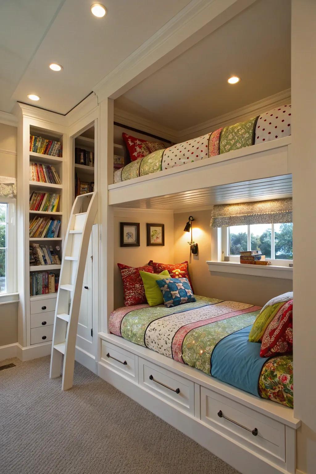 Platform bunk beds in an alcove that are streamlined and contemporary.