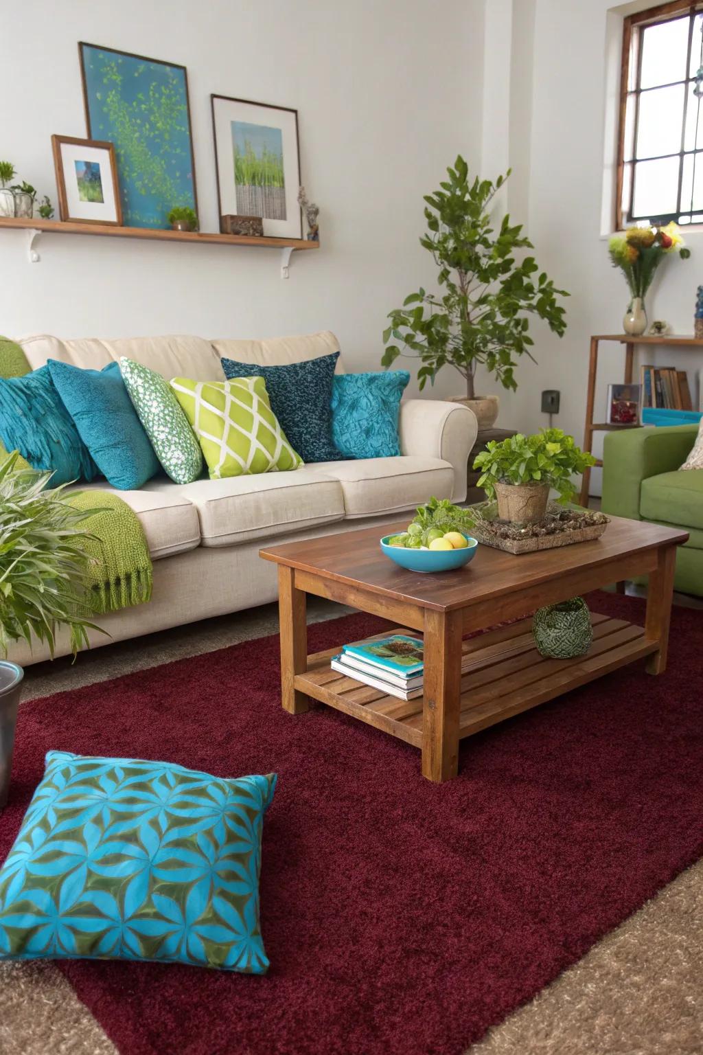 An unexpected burst of color brings a fresh sensation to a deep red floor covering.