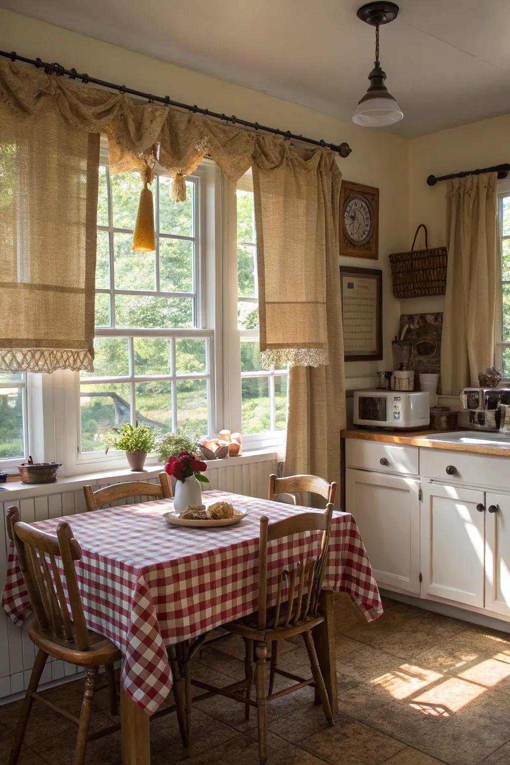 Quaint country charm through material café window coverings.