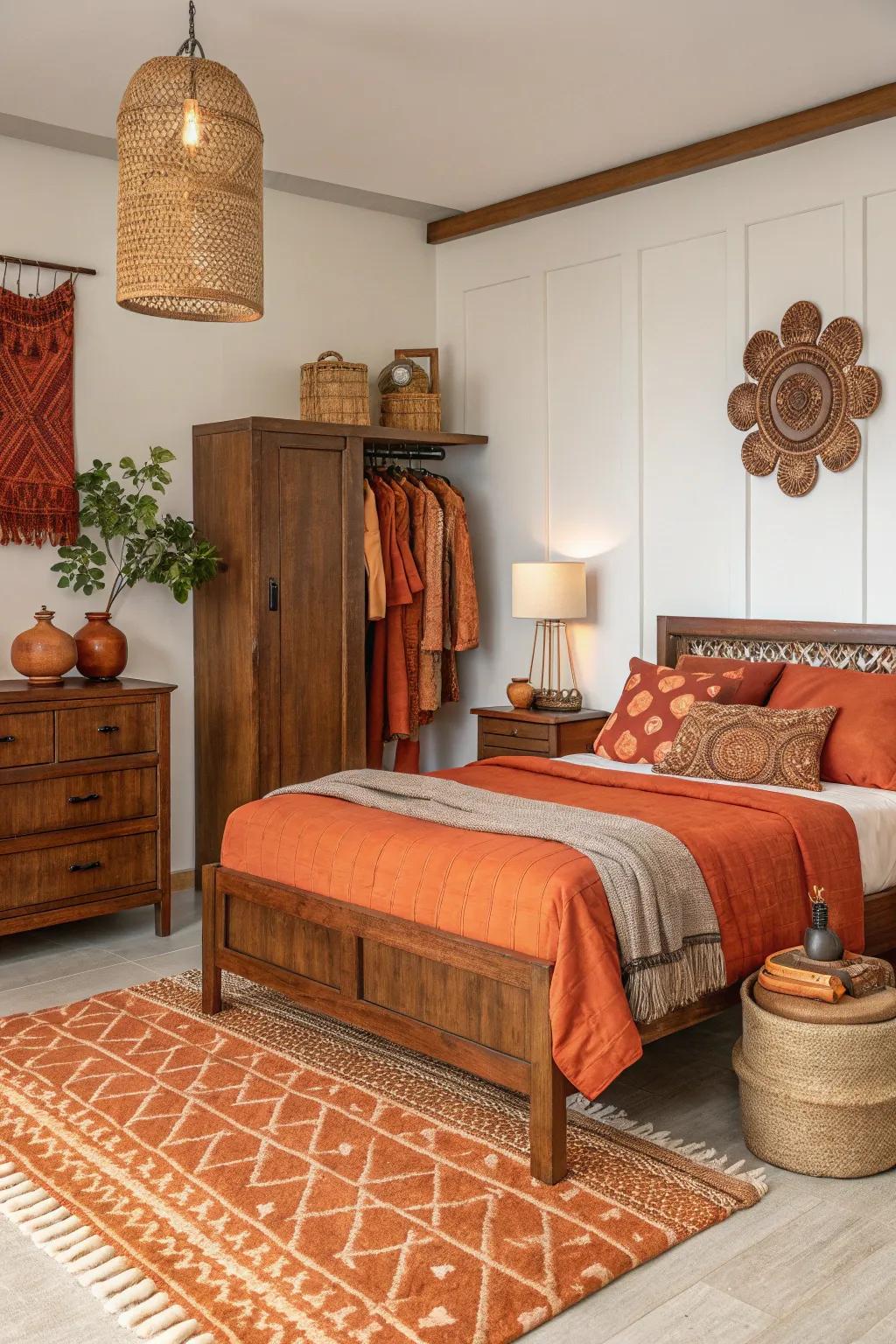 Inviting wood tones harmonize with reddish-brown accents.