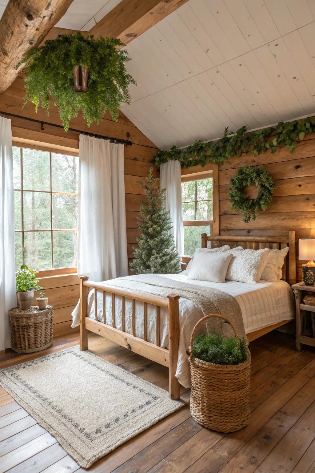 A cabin bedroom with artificial greenery and natural decorations.