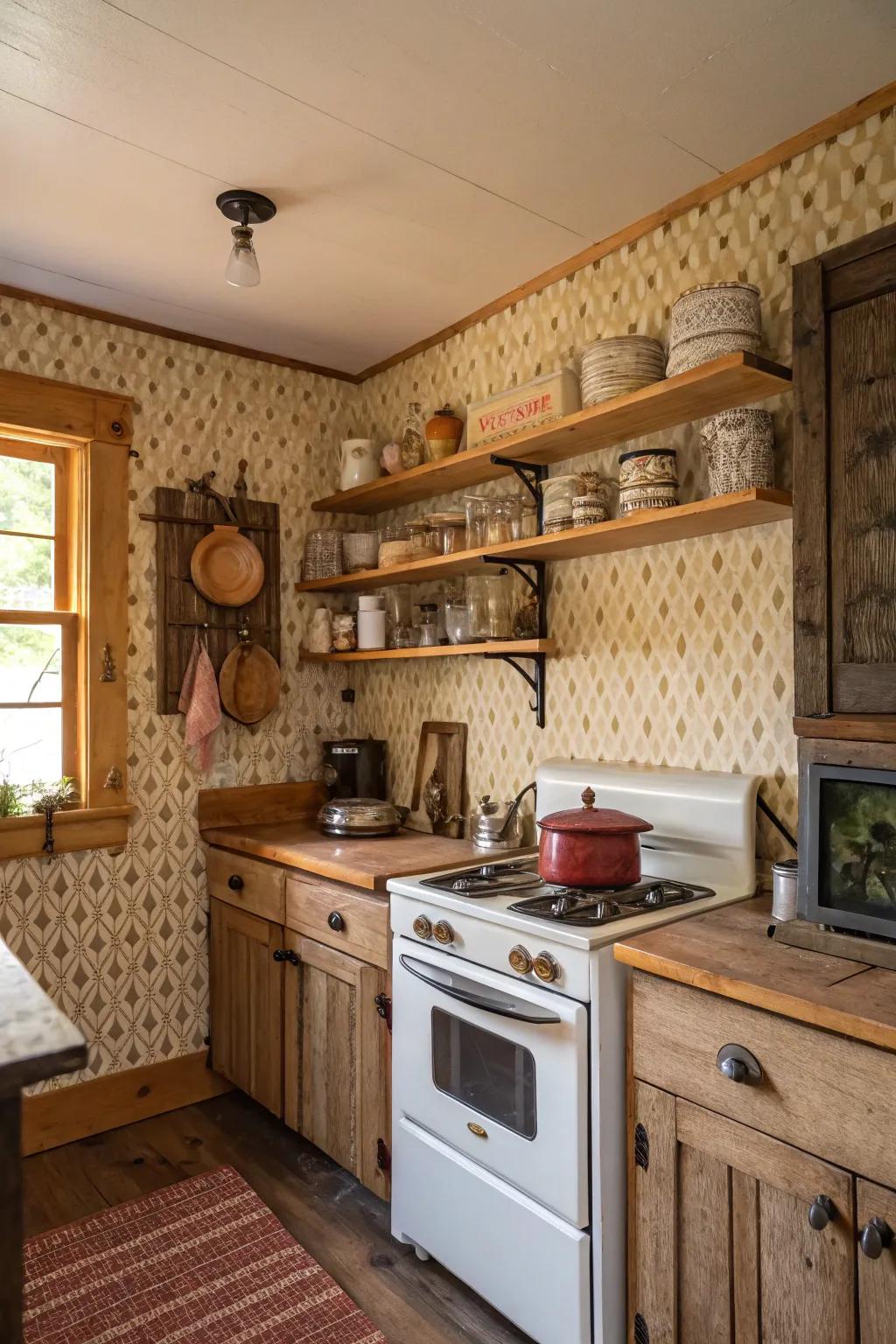 Textured wallpaper introduces depth and character to a cabin cooking space.
