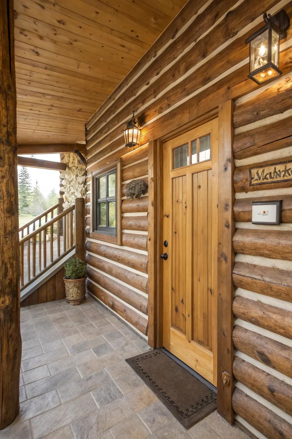 Wood slats constructing a textured, contemporary visual in the entryway.
