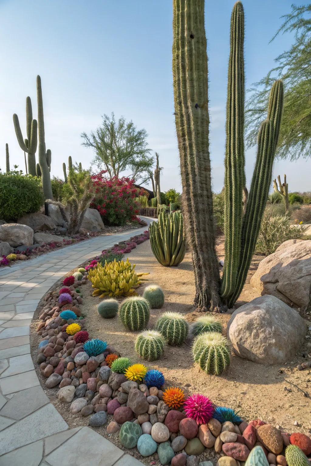 Colorful stones enhancing the visual appeal of a cactus garden.