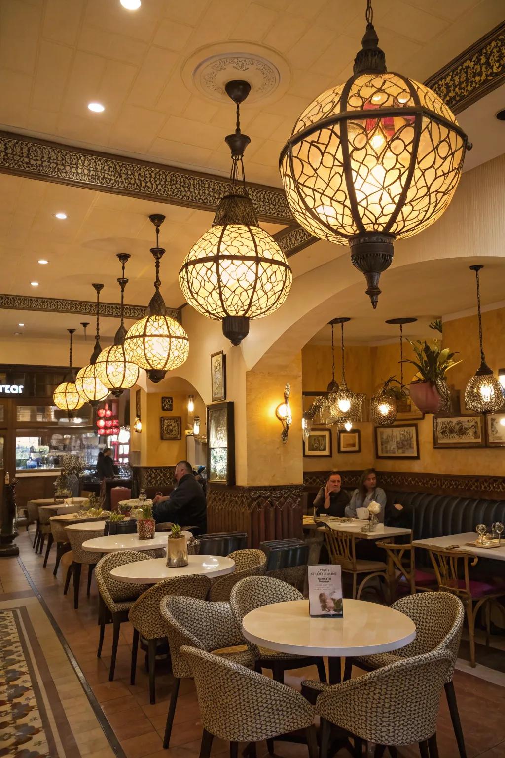 Decorative light fixtures in a cafe that are striking artworks.