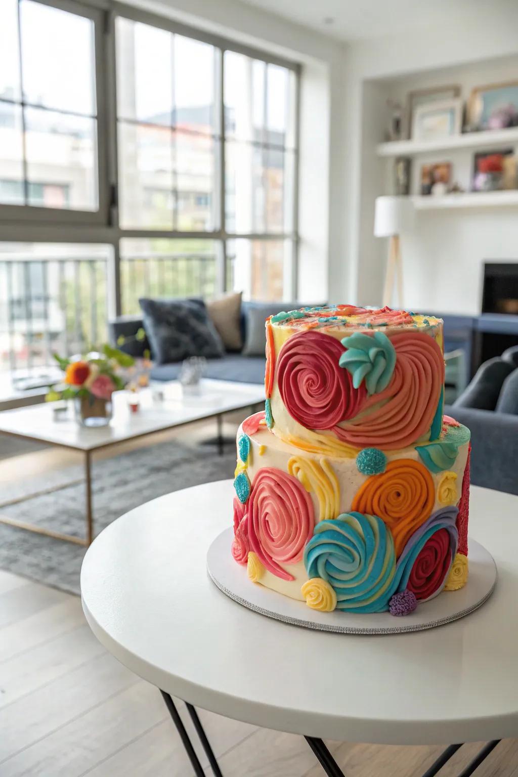 Singular abstract buttercream artistry graces an inventive cake