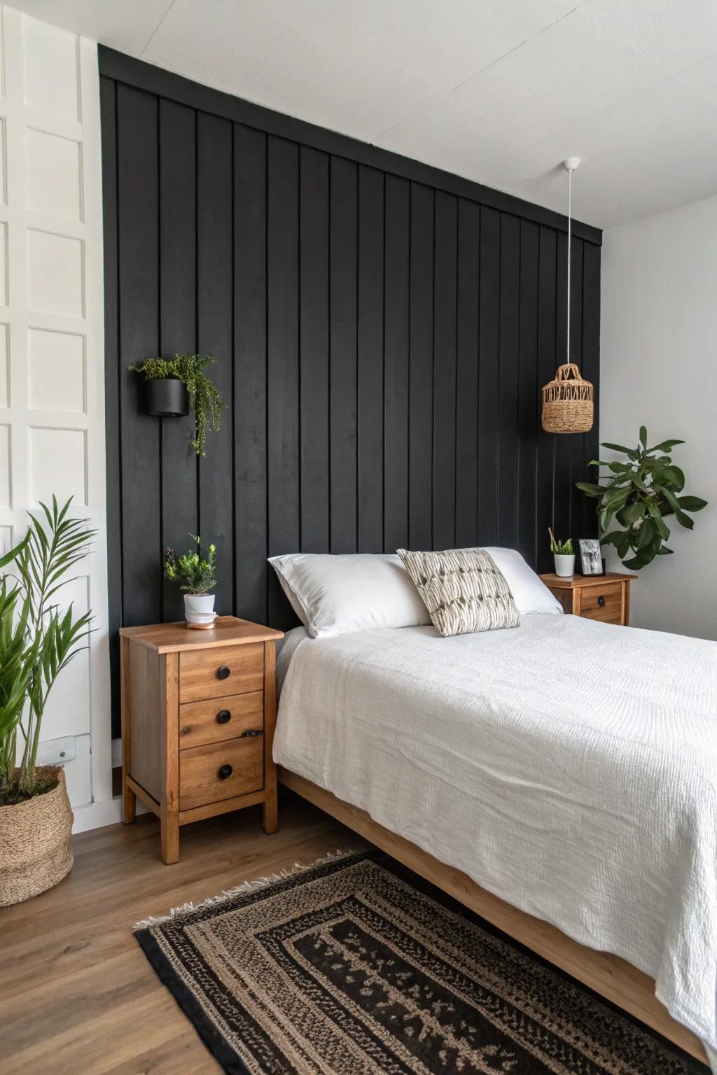 Bedroom with a black accent wall providing contrast and sophistication.