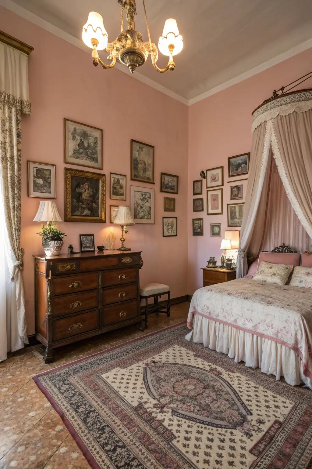 Dusty rose walls give comfort and a vintage feel.