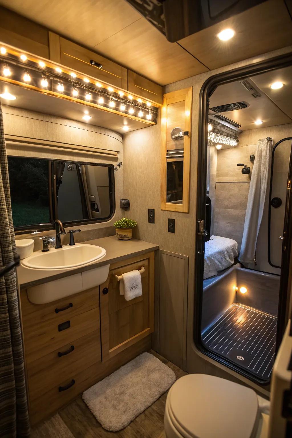 Versatile and dimmable lighting in a mobile home washroom.