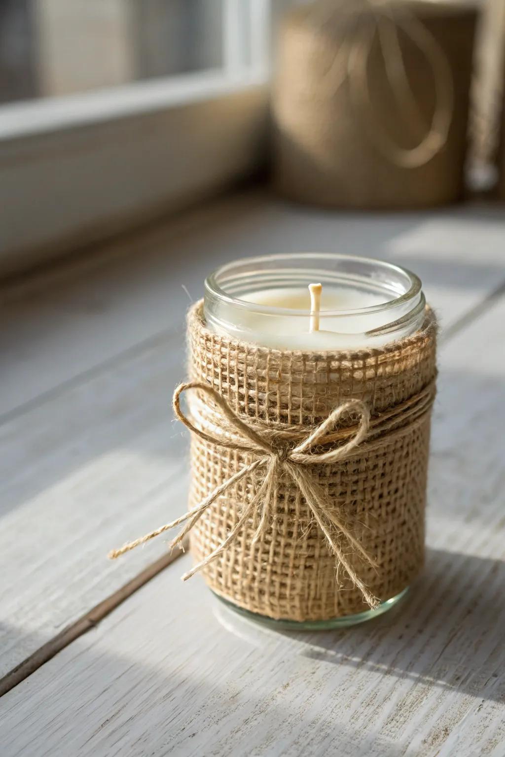 Embrace countryside elegance with a packcloth-enveloped candle container, ideal for intimate autumnal vibes.