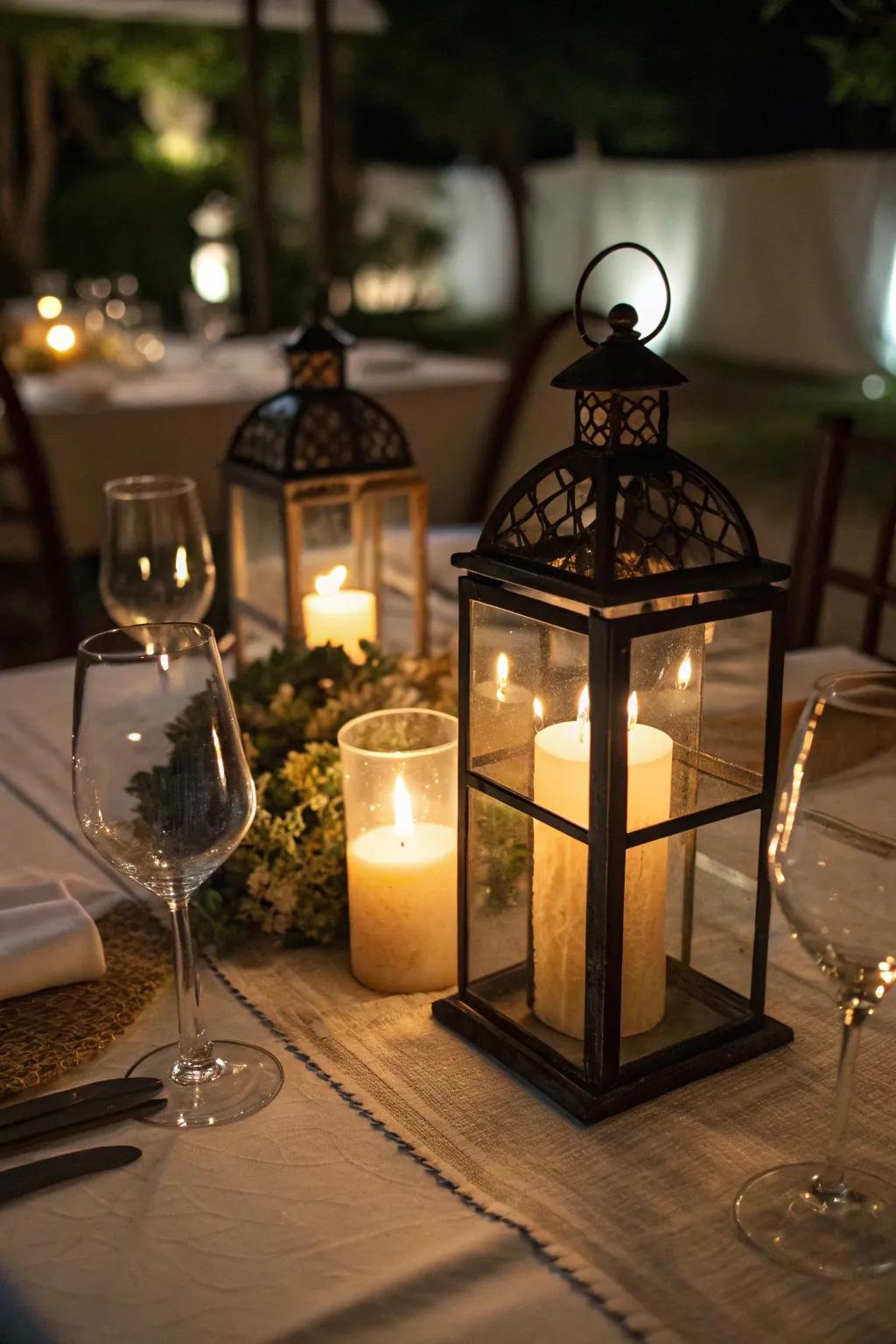 Lanterns filled with candles crafting an inviting atmosphere.