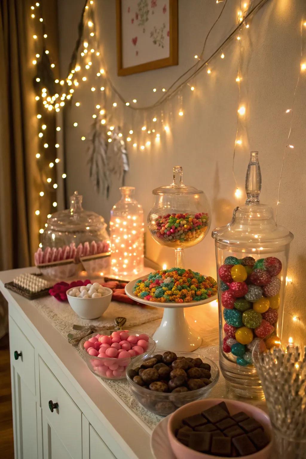 Twinkling lights adding a magical touch to the candy station