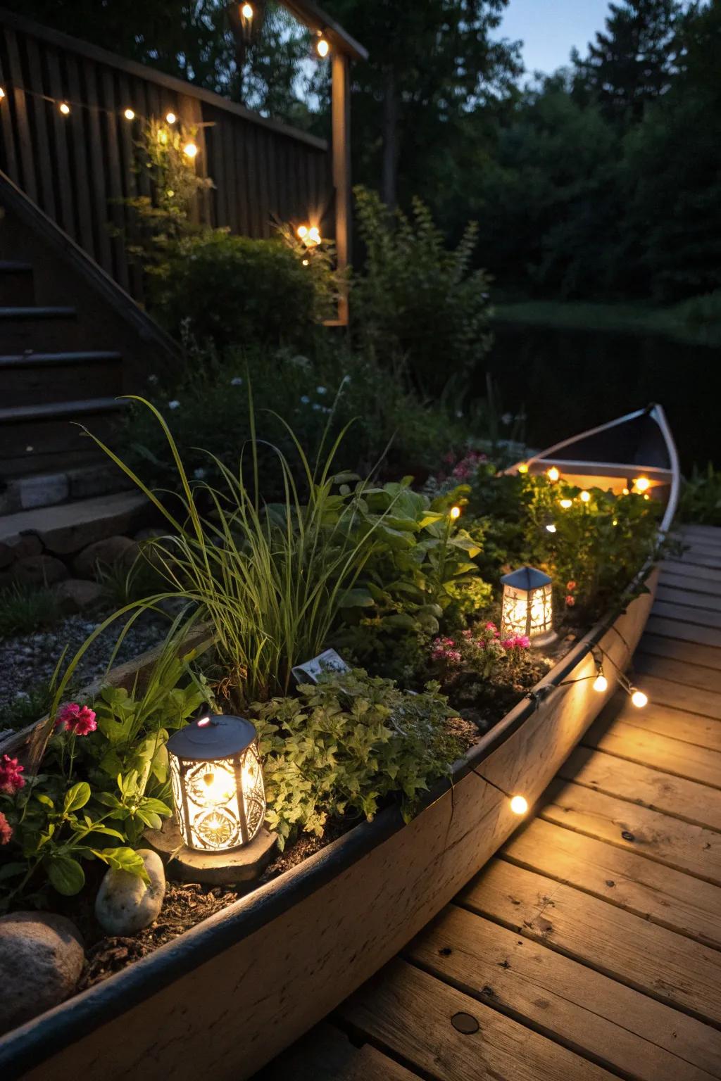 Sun lights transform a watercraft planter into a glowing nighttime feature.