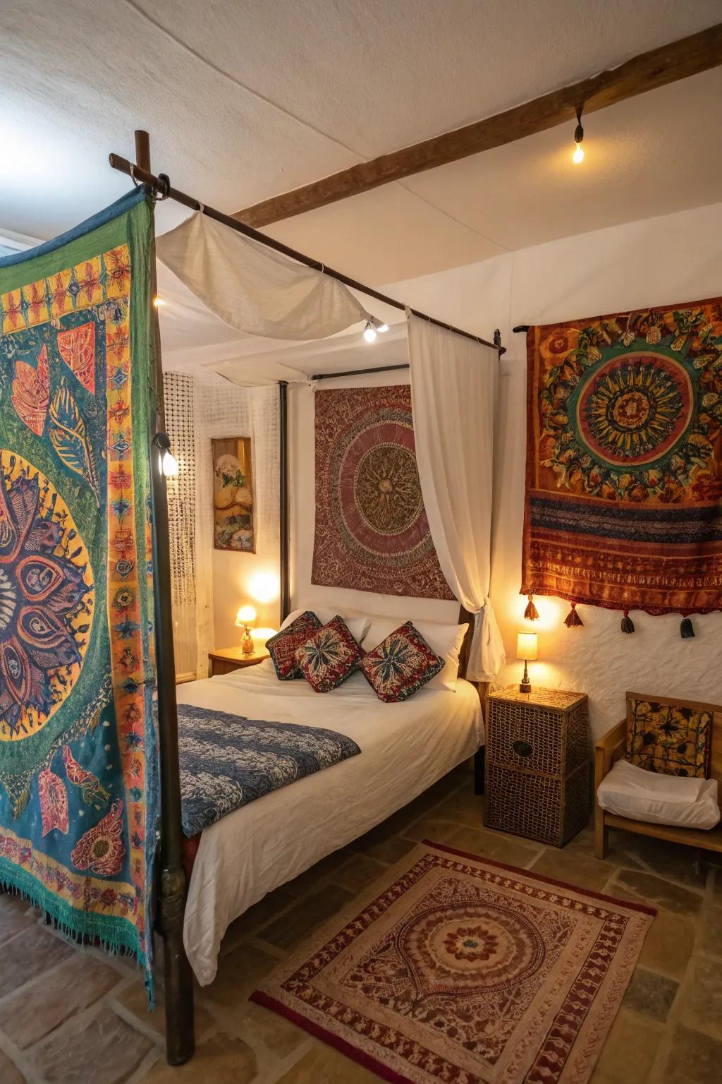 Tapestries as a four-poster add a personal bohemian touch.