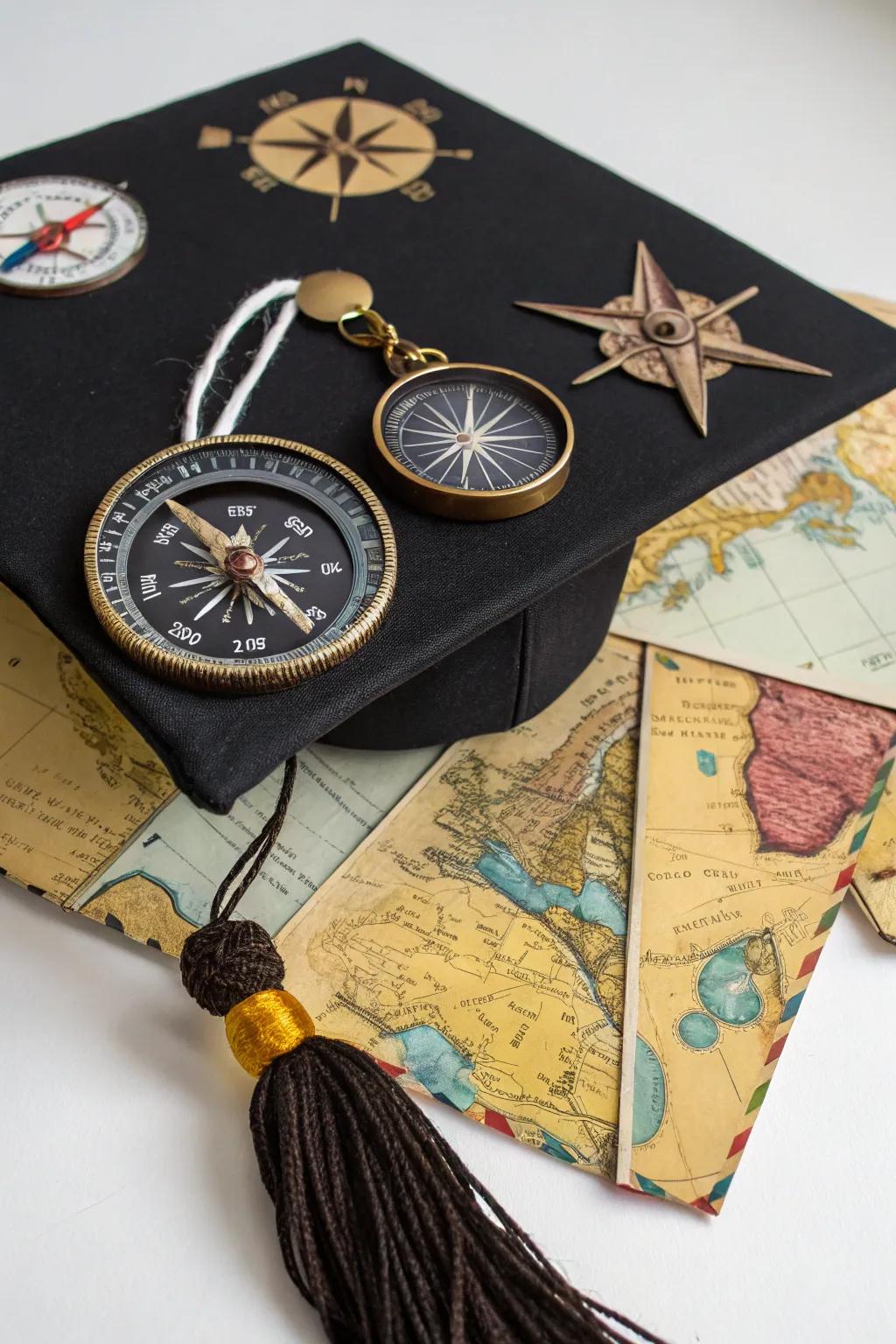 A graduation cap with travel elements for the adventurous spirit.