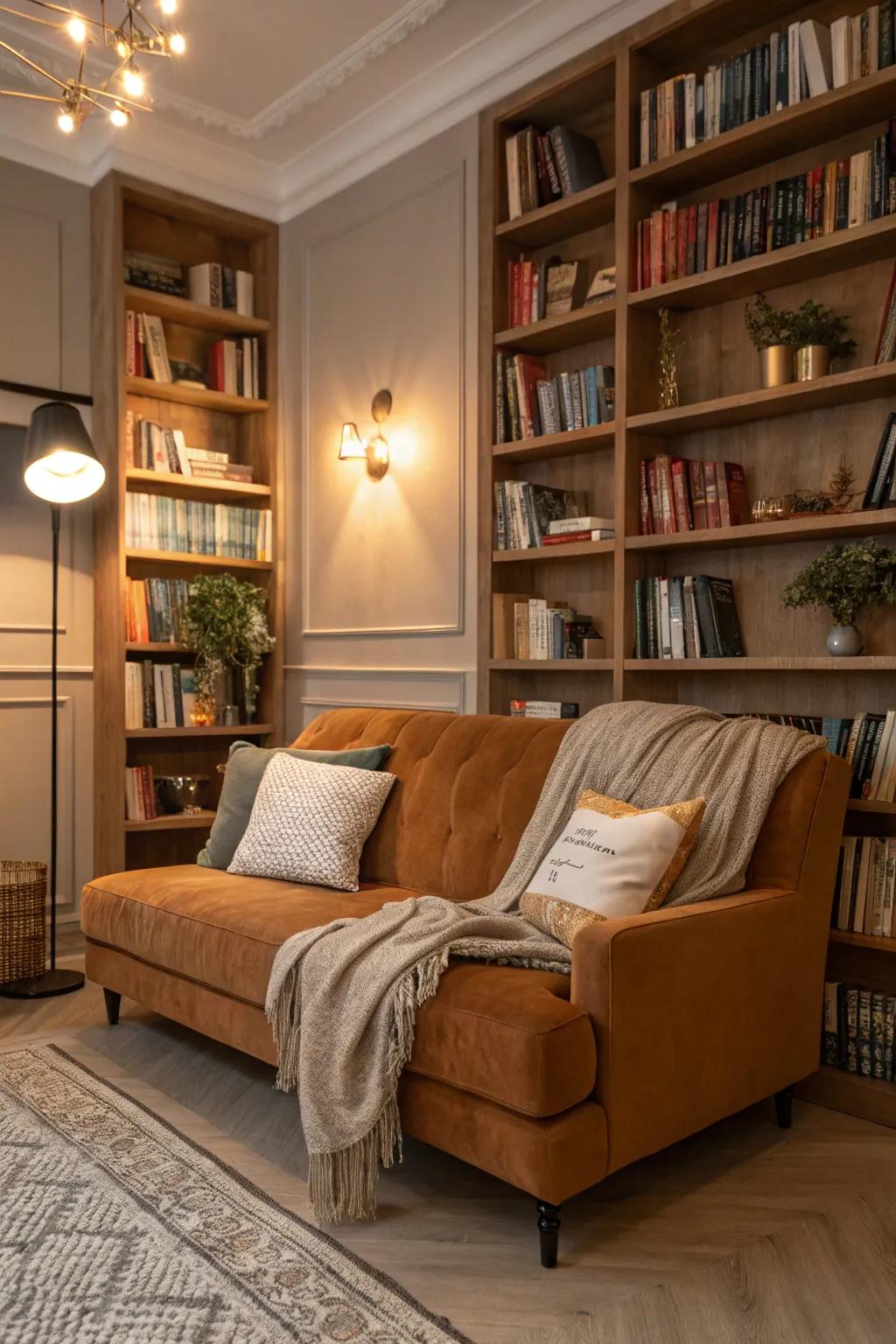 A butterscotch sofa creates a perfect centerpiece for a cozy reading spot.