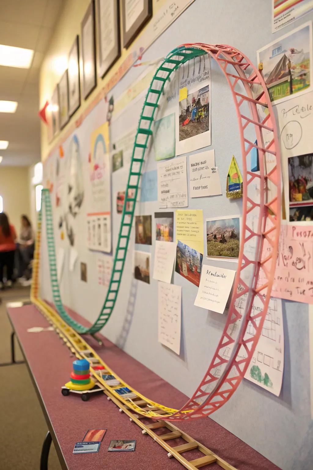 A roller coaster track brings thrills and movement to the fair-themed display.