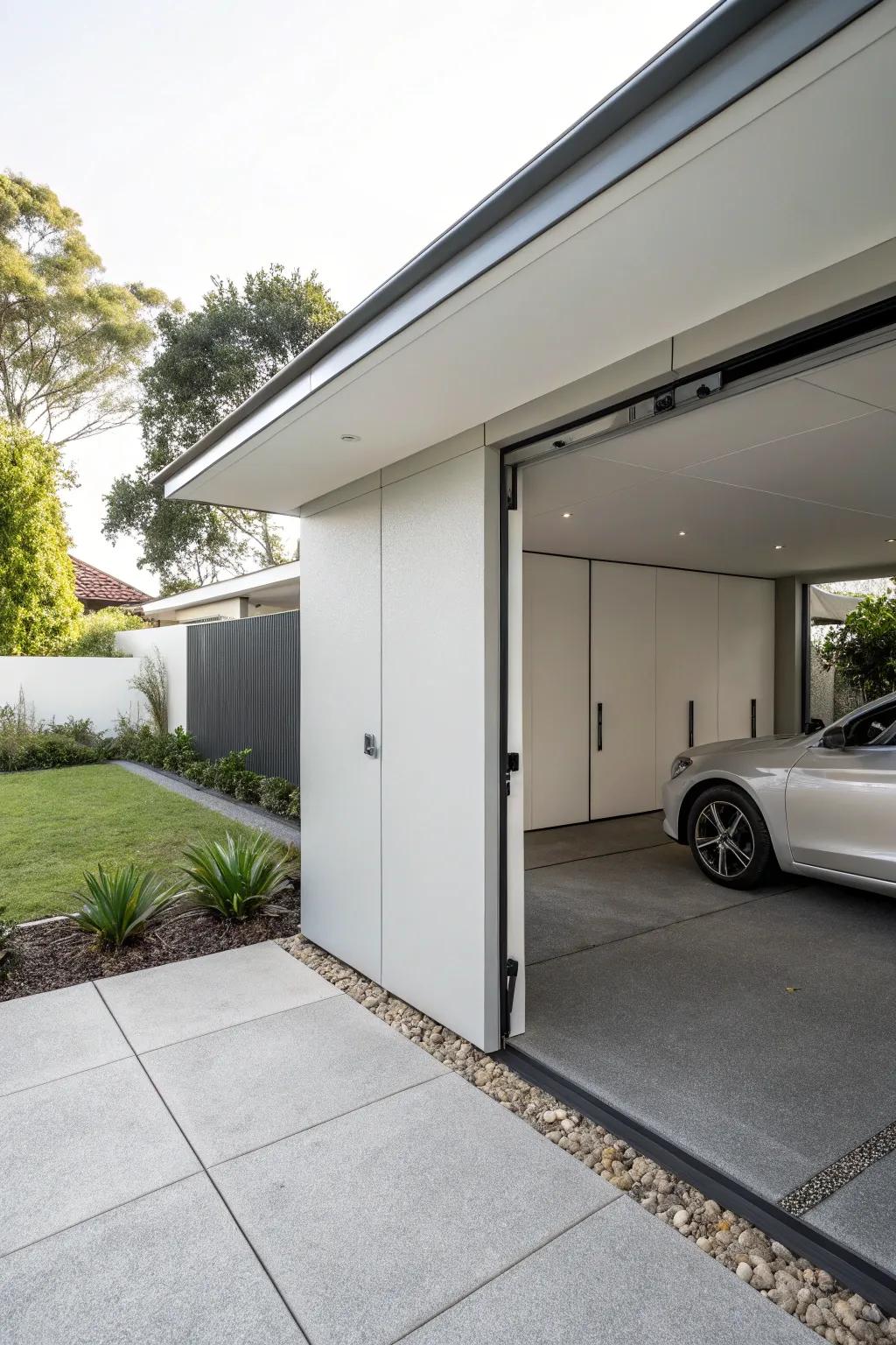 A carport with hidden handle doors that provides a tidy and contemporary look.