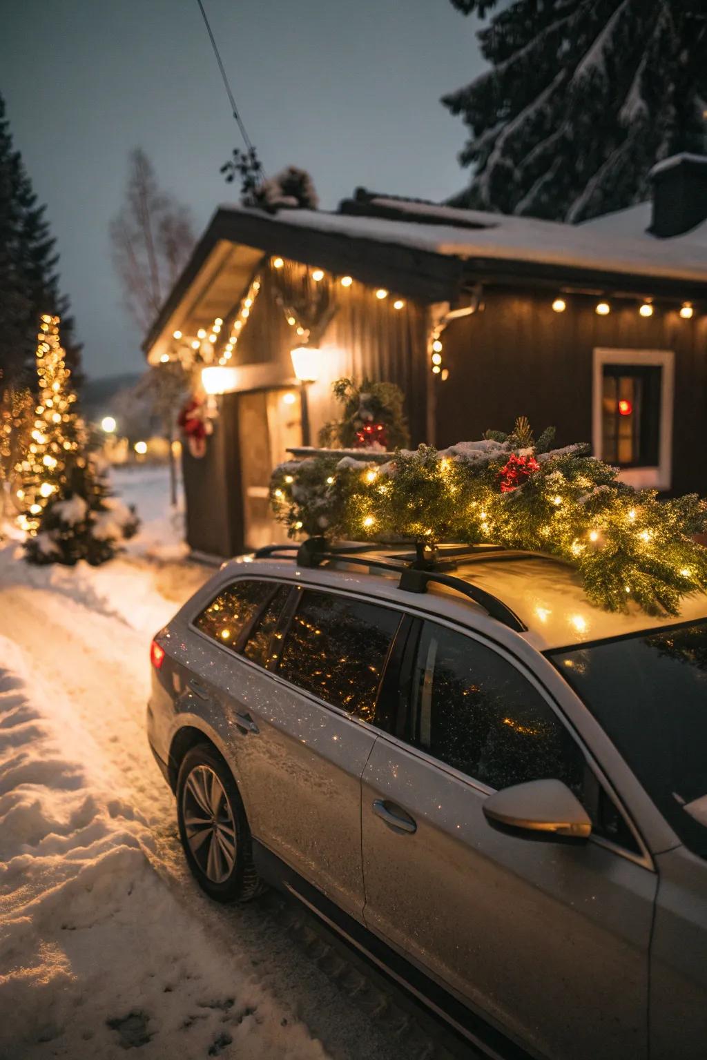 A roof rack transformed into a festive display, introducing holiday cheer to the ride.