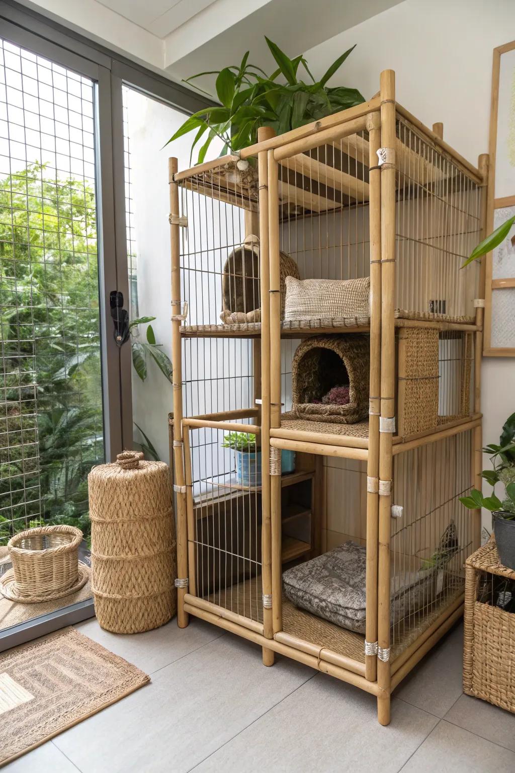 Eco-conscious materials improve the cat enclosure with sustainability.