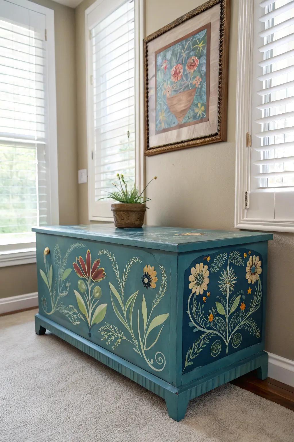 A blanket chest with a creative paint design becomes a striking art piece.