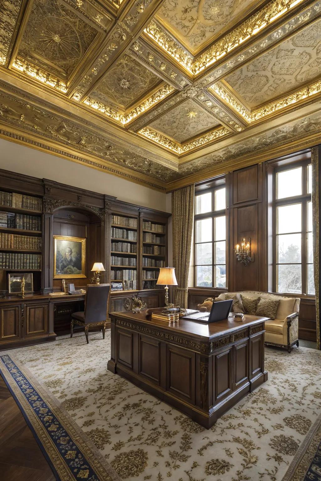 A luxurious workspace featuring gilded ceiling squares.