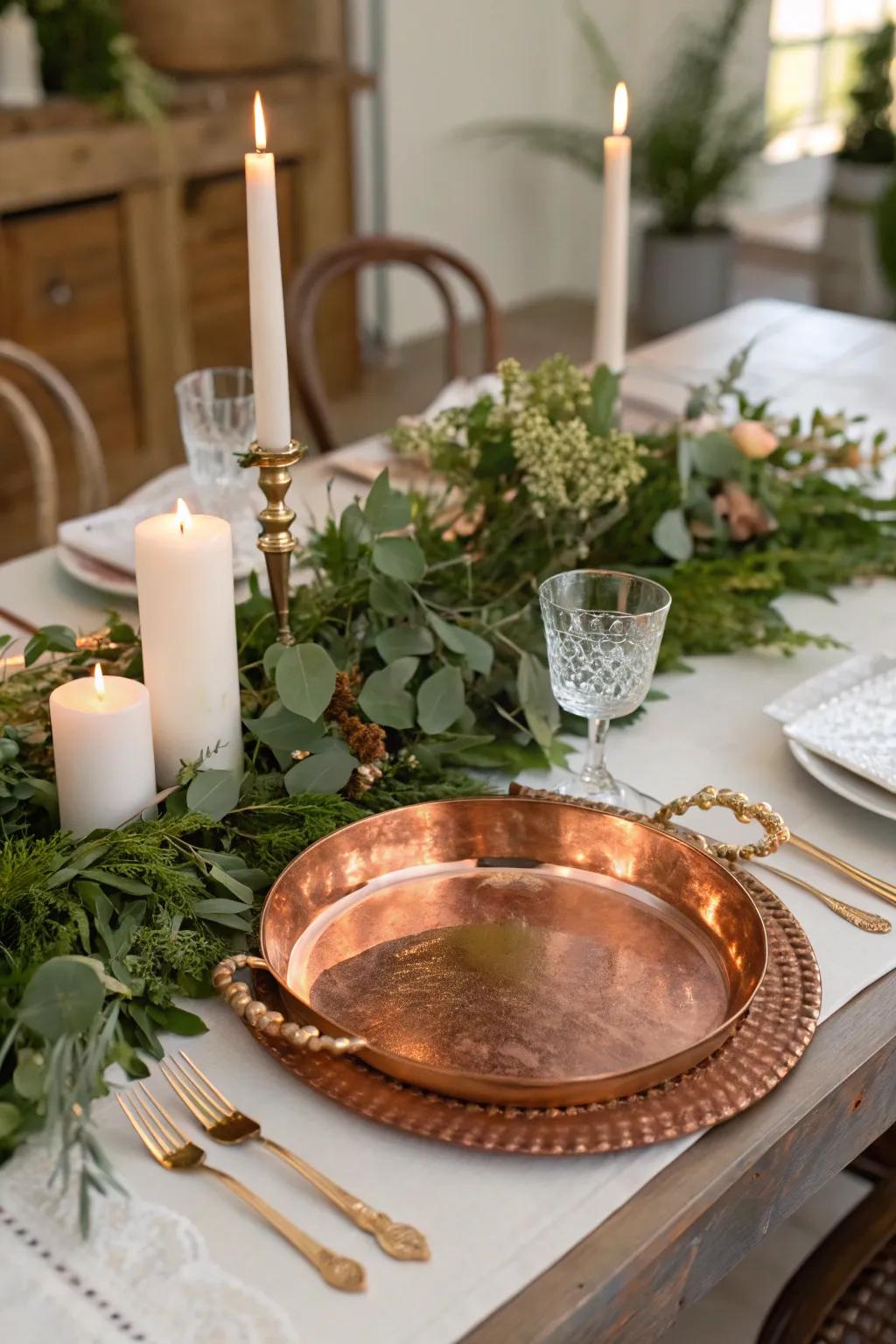Countryside warmth using a copper display centerpiece base.