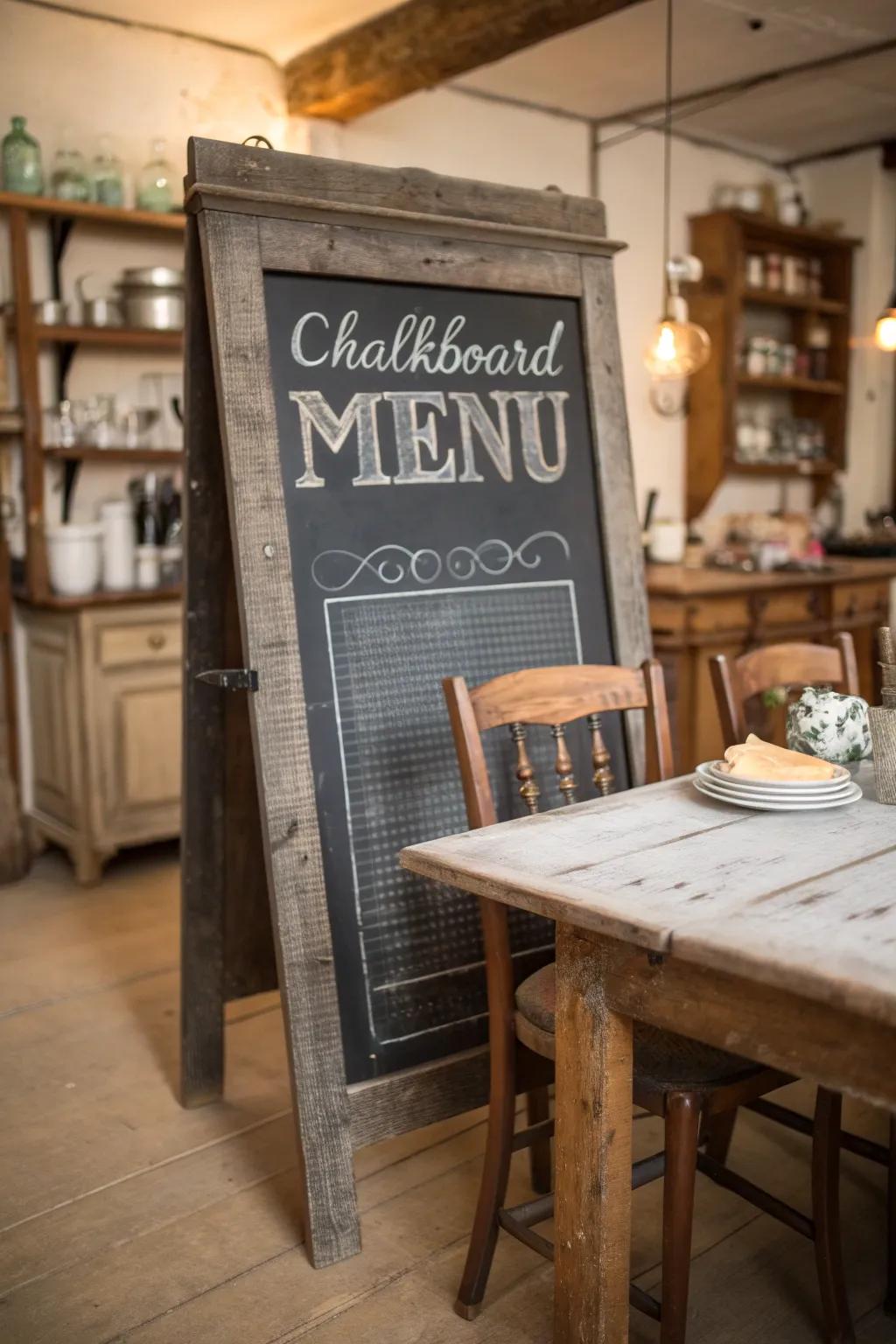 A vintage-style chalkboard menu adds nostalgic warmth to this kitchen.